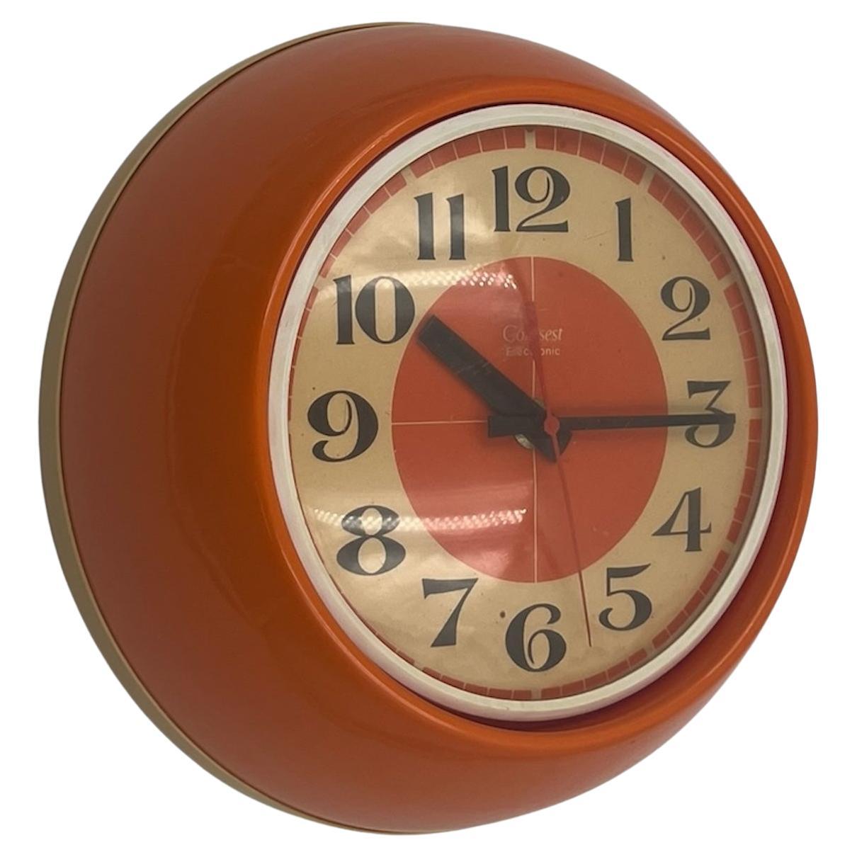 Horloge de l'ère spatiale des années 1970 par Comsest - décor orange rare fabriqué en Italie