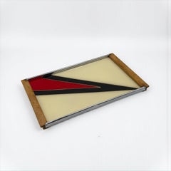 1970s Space Age Graphic Serving Tray Glass Metal Wood Europe