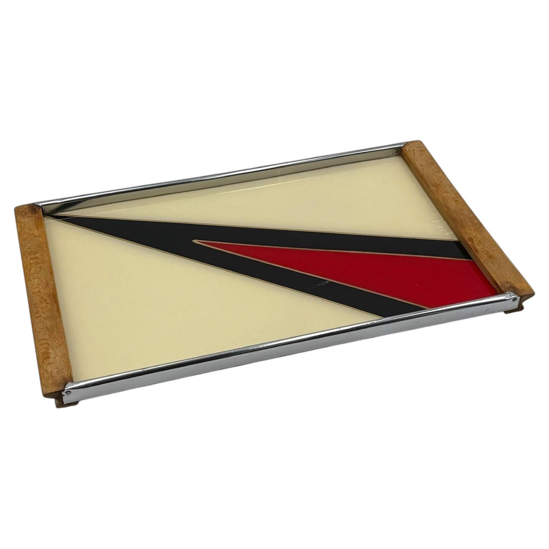 1970s Space Age Graphic Serving Tray Glass Metal Wood Europe