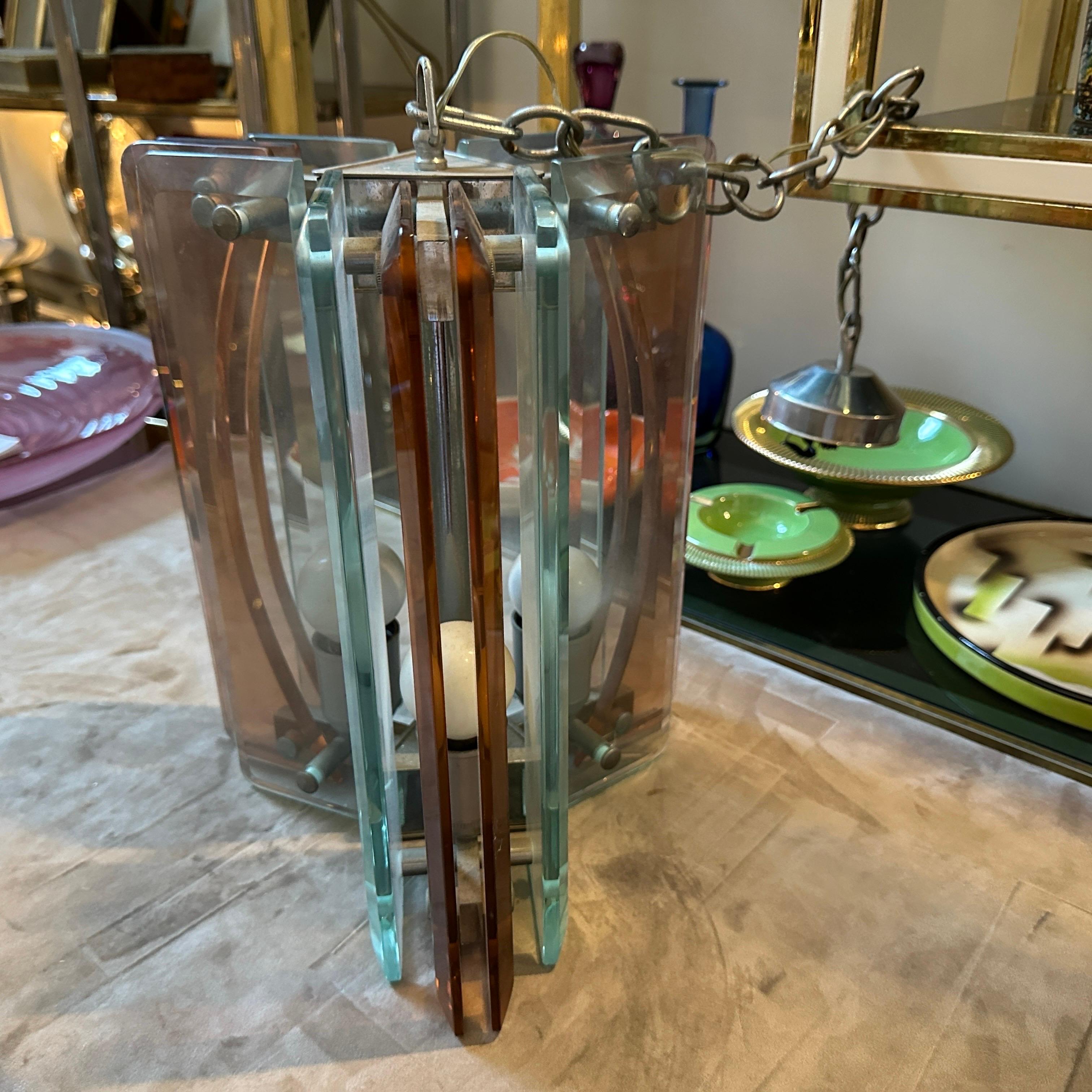 Colgante Italiano de Cristal Pesado Verde y Rosa de la Era Espacial de 1970 de Lupi Cristal Luxor Cromo en venta