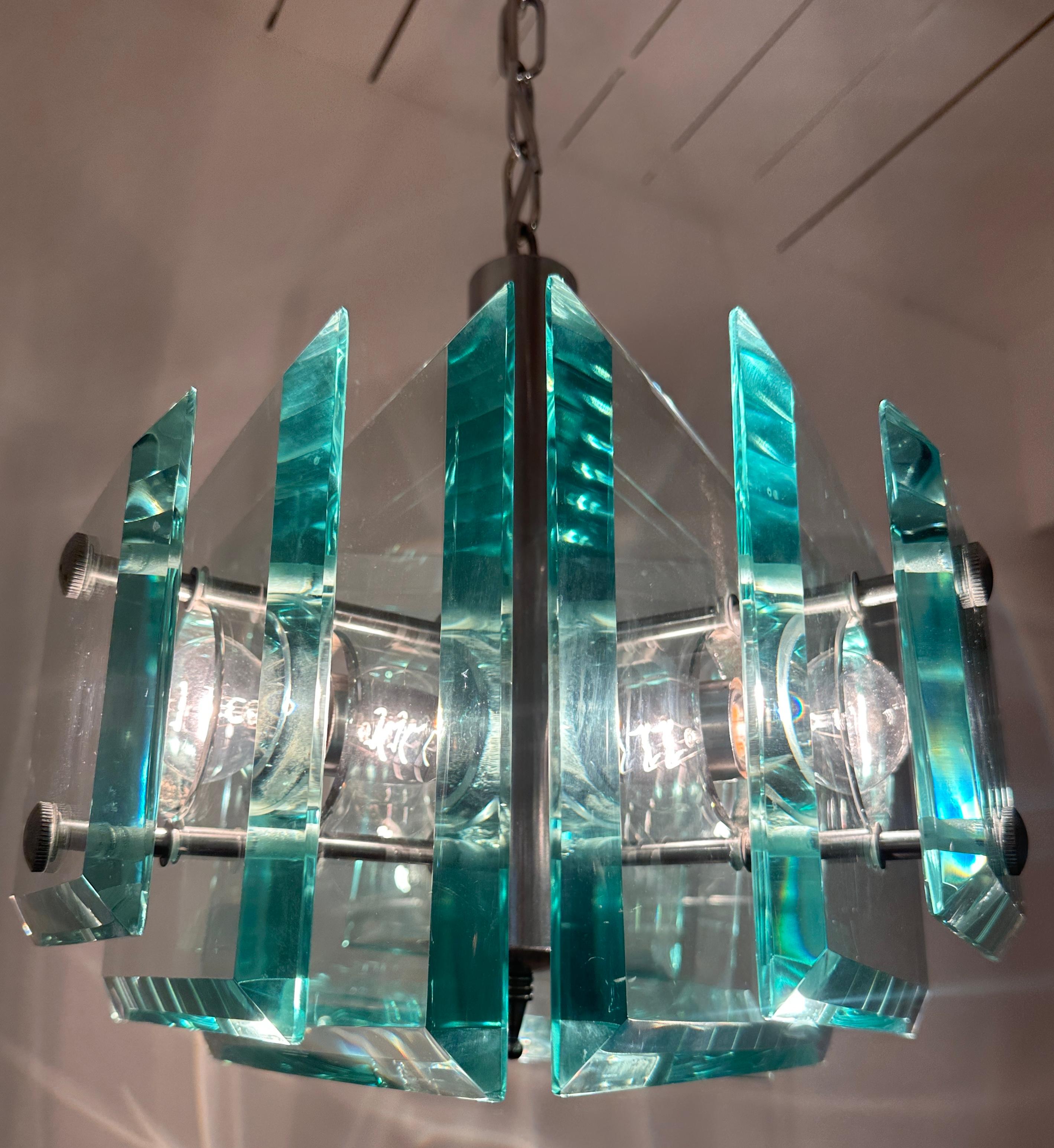 1970s Space Age Italian Square Pale Green Glass Chandelier By Lupi Cristal Luxor 4