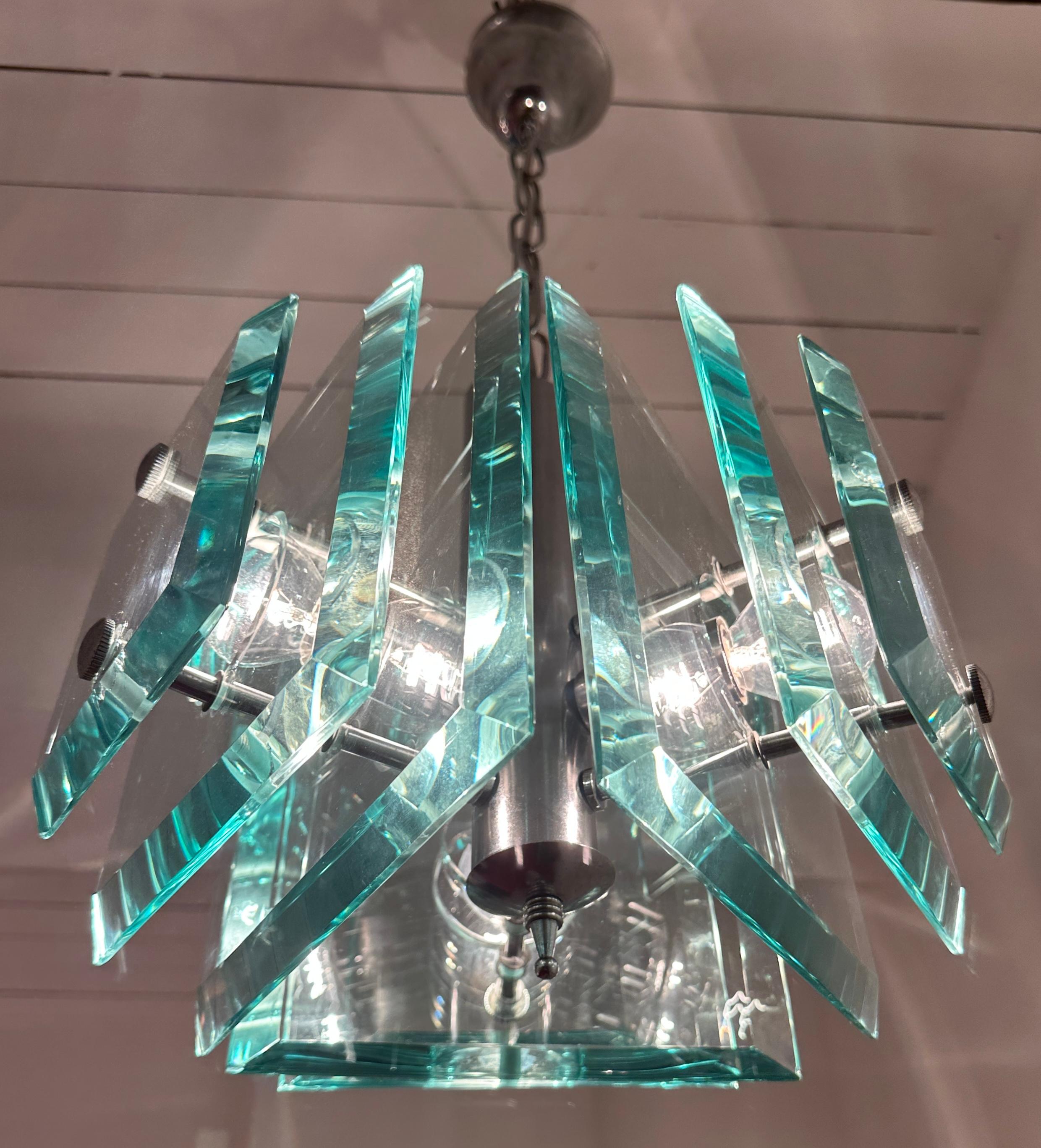 1970s Space Age Italian Square Pale Green Glass Chandelier By Lupi Cristal Luxor 5