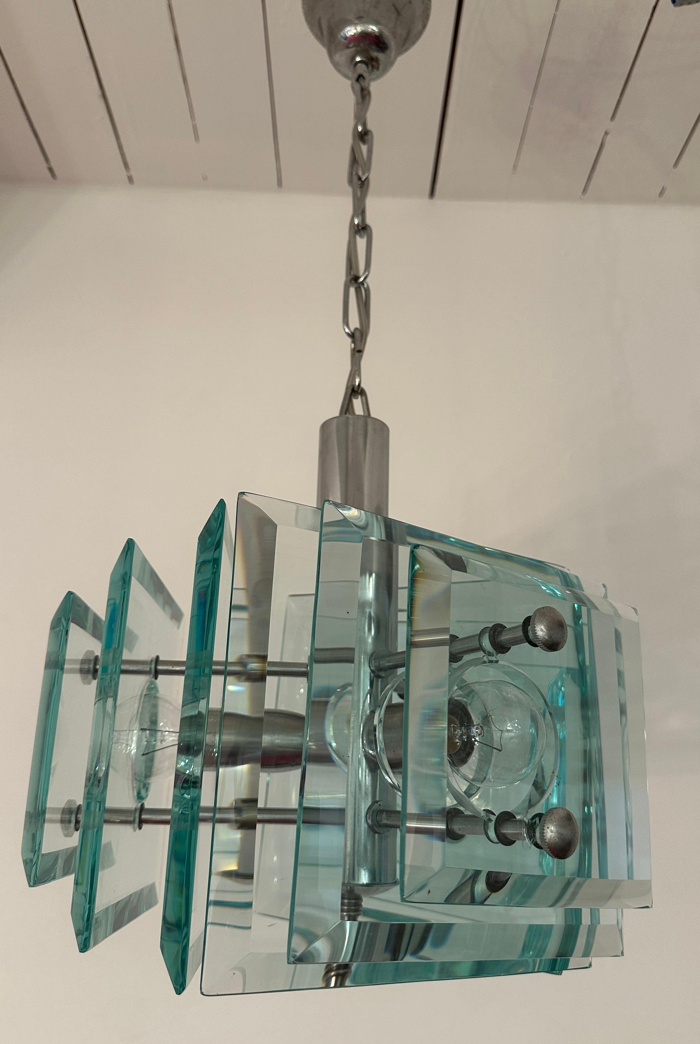 1970s Space Age Italian Square Pale Green Glass Chandelier By Lupi Cristal Luxor 8