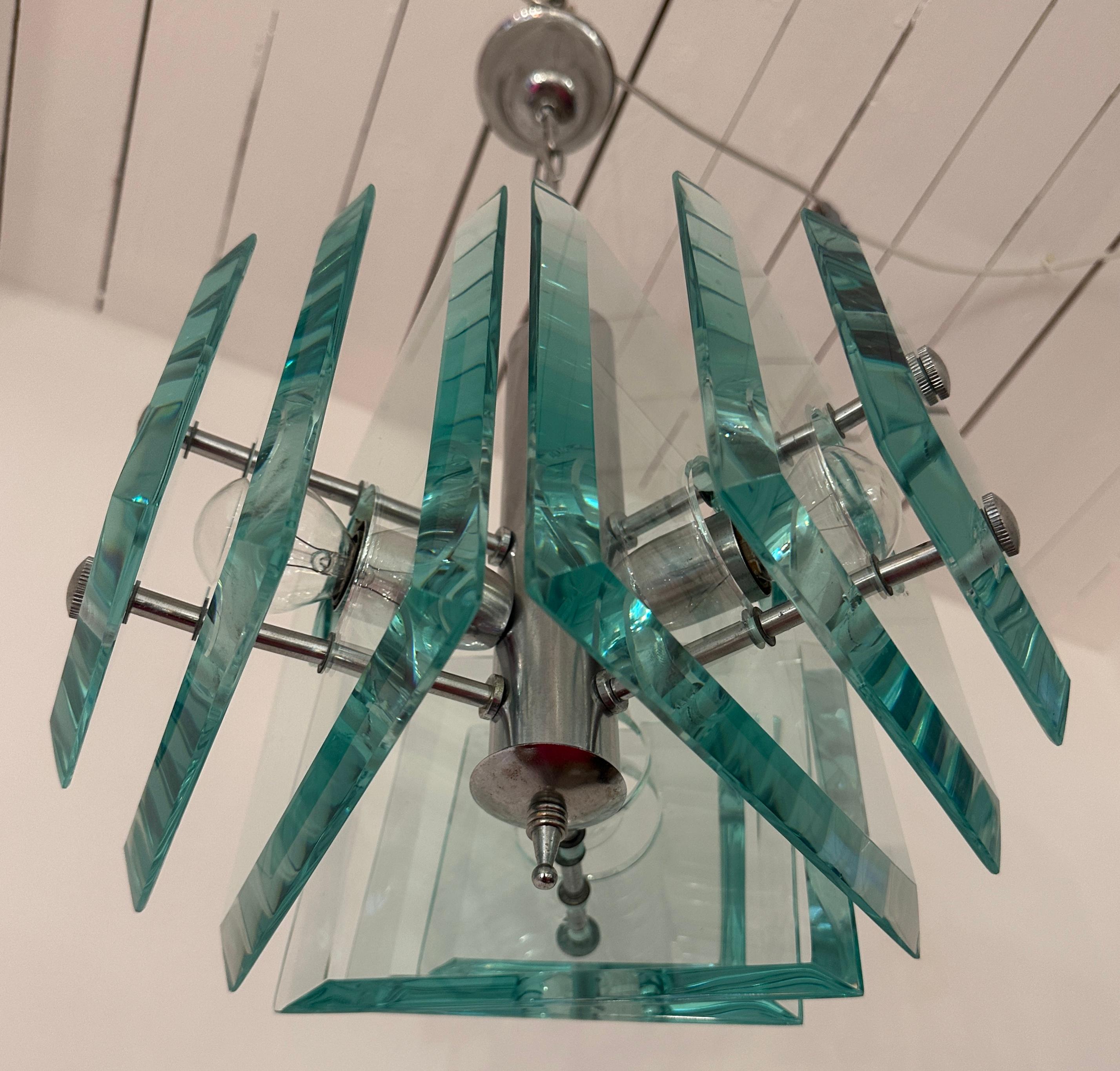 1970s Space Age Italian Square Pale Green Glass Chandelier By Lupi Cristal Luxor 11