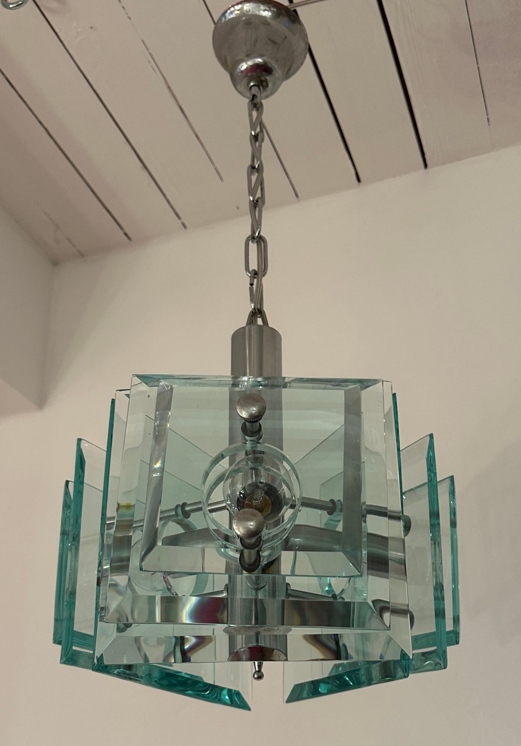 1970s Space Age Italian Square Pale Green Glass Chandelier By Lupi Cristal Luxor 13