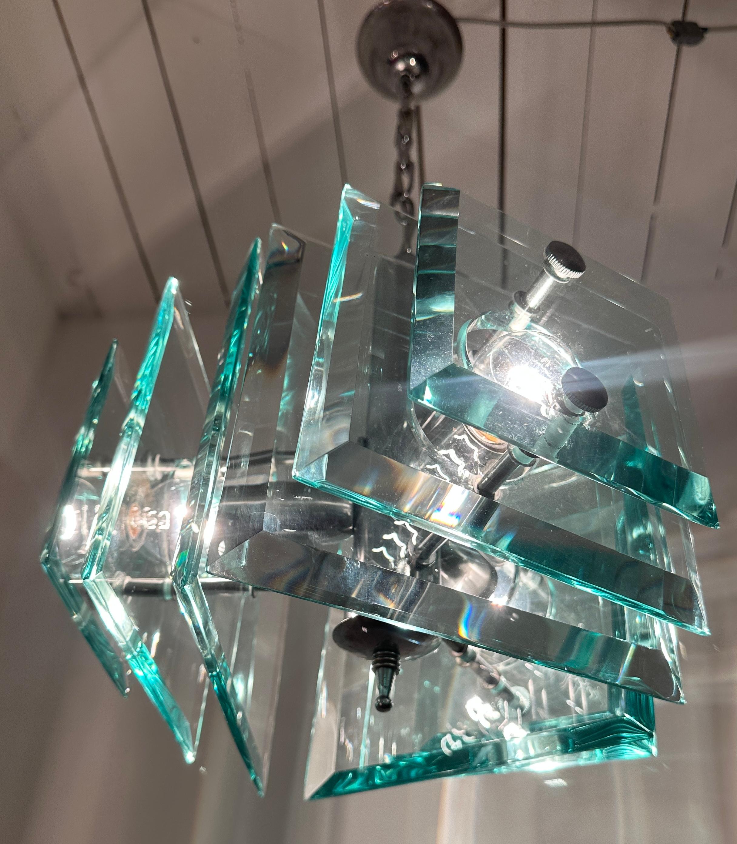 Metal 1970s Space Age Italian Square Pale Green Glass Chandelier By Lupi Cristal Luxor