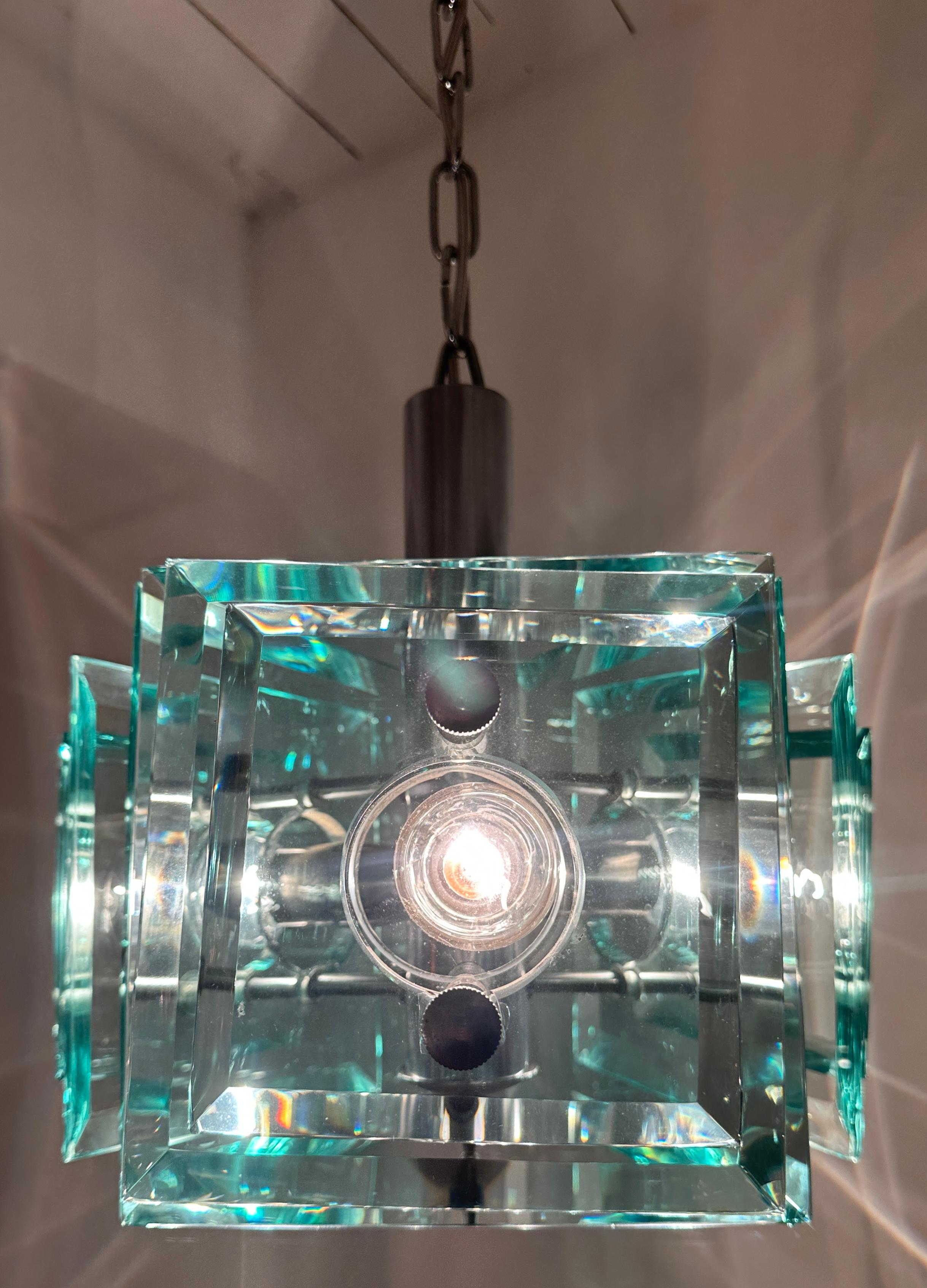 1970s Space Age Italian Square Pale Green Glass Chandelier By Lupi Cristal Luxor 2
