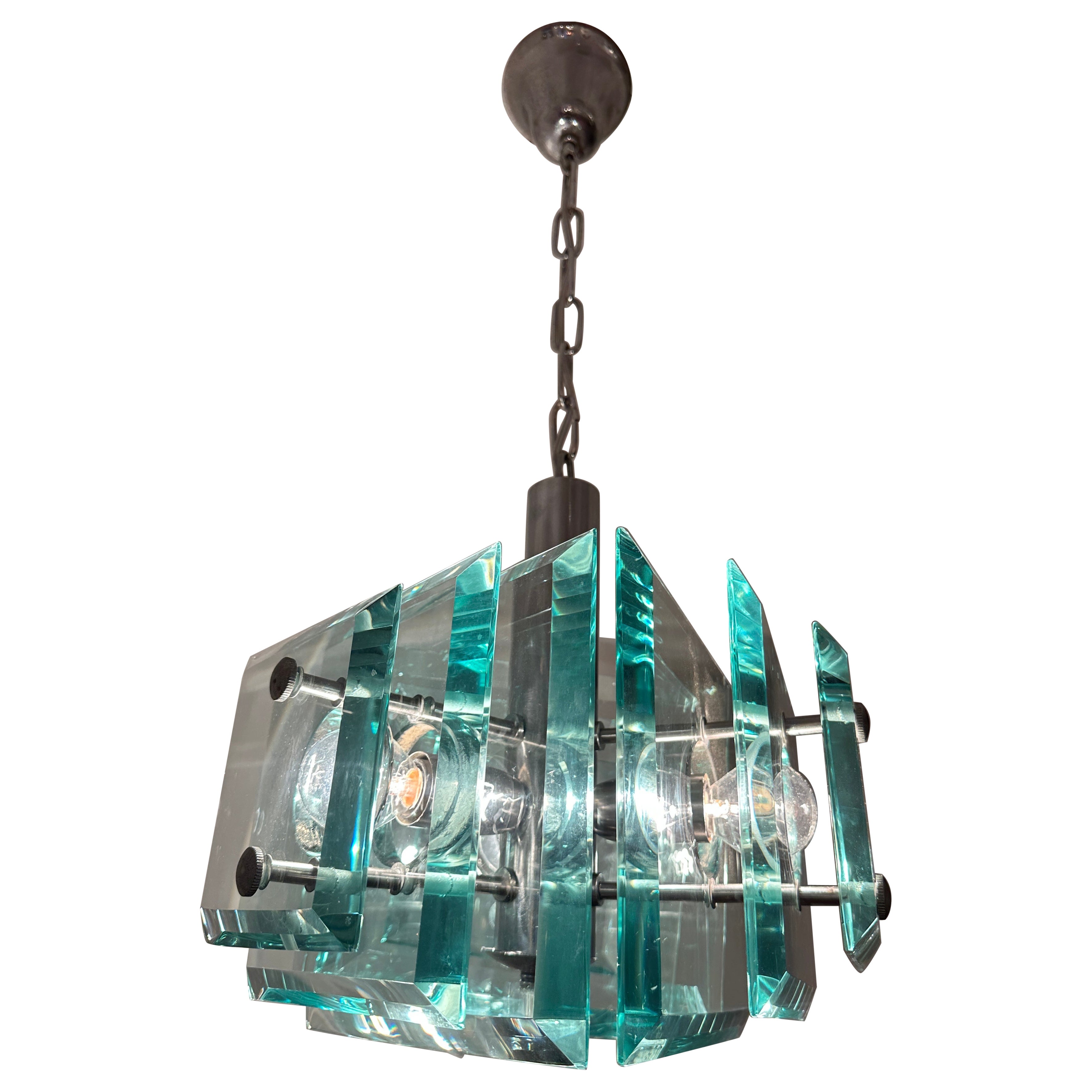 1970s Space Age Italian Square Pale Green Glass Chandelier By Lupi Cristal Luxor