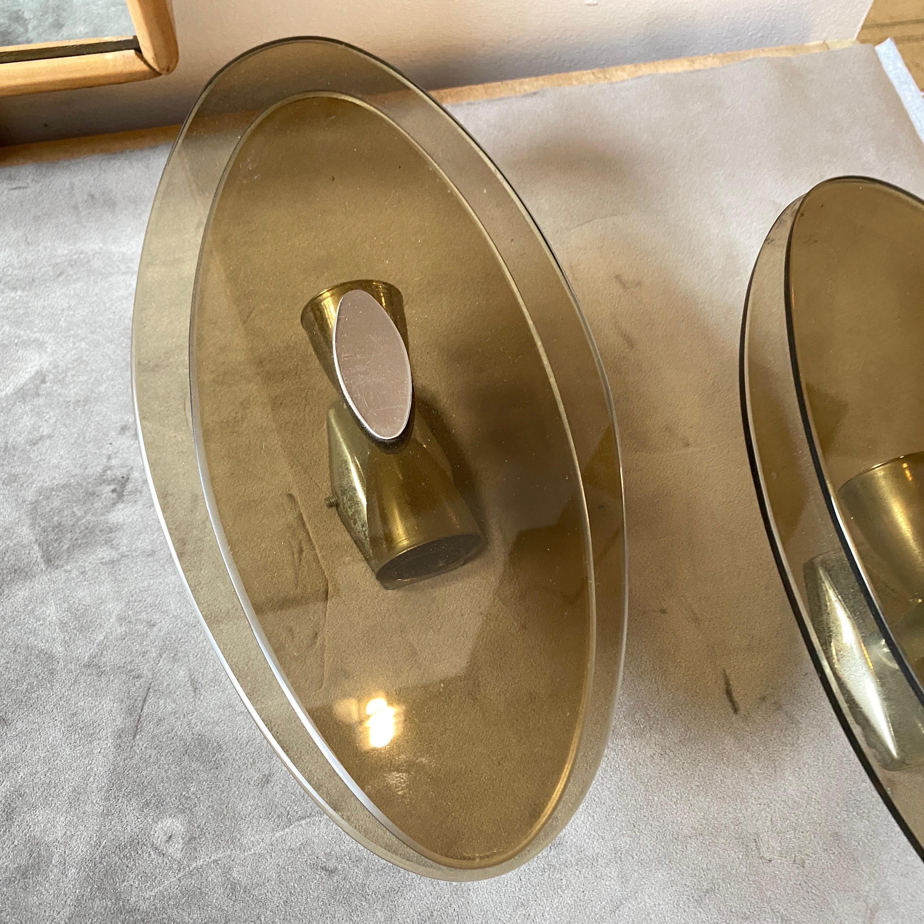 20th Century Two 1970s Space Age Metal and Smoked Glass Italian Oval Wall Sconces by Veca For Sale
