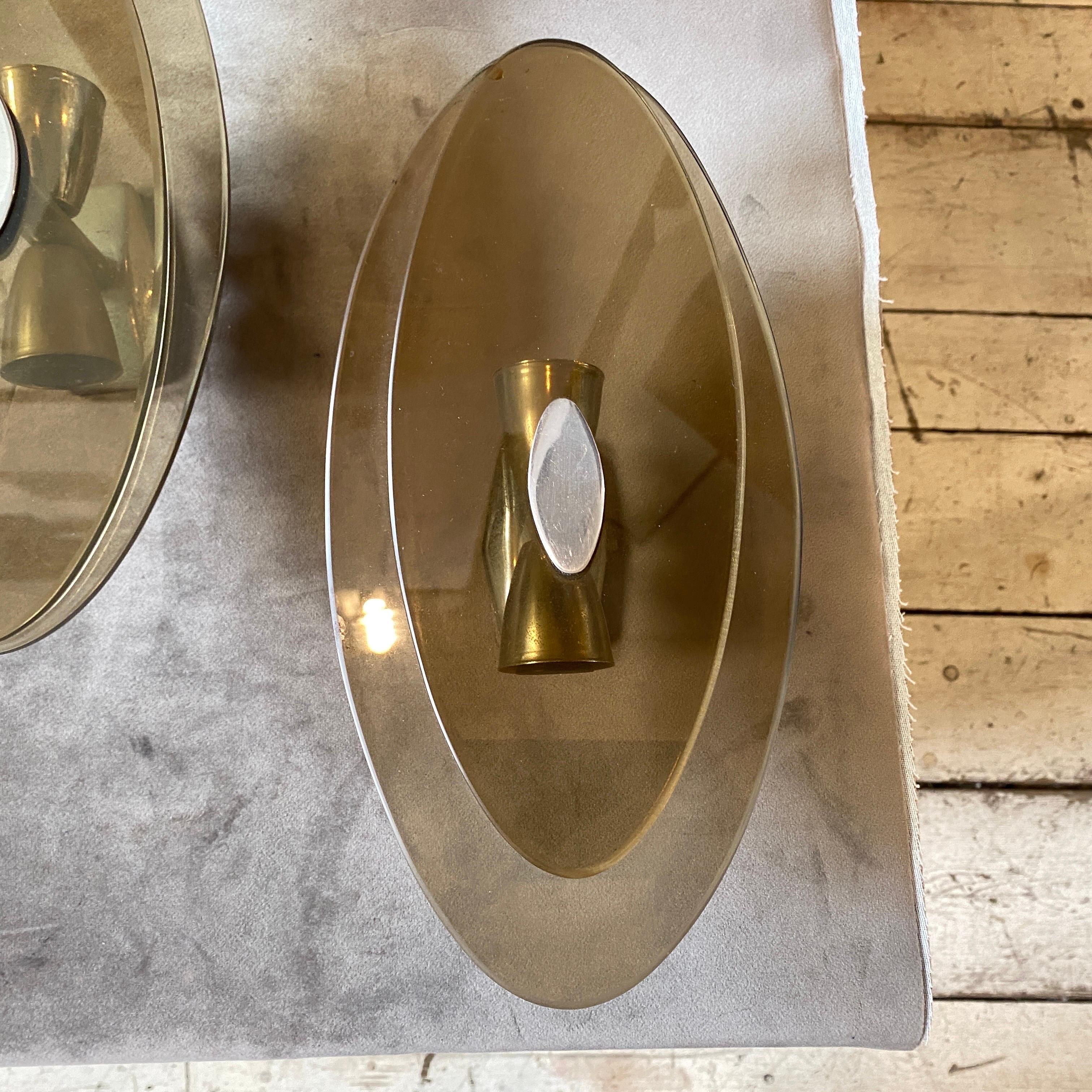 Two 1970s Space Age Metal and Smoked Glass Italian Oval Wall Sconces by Veca 2