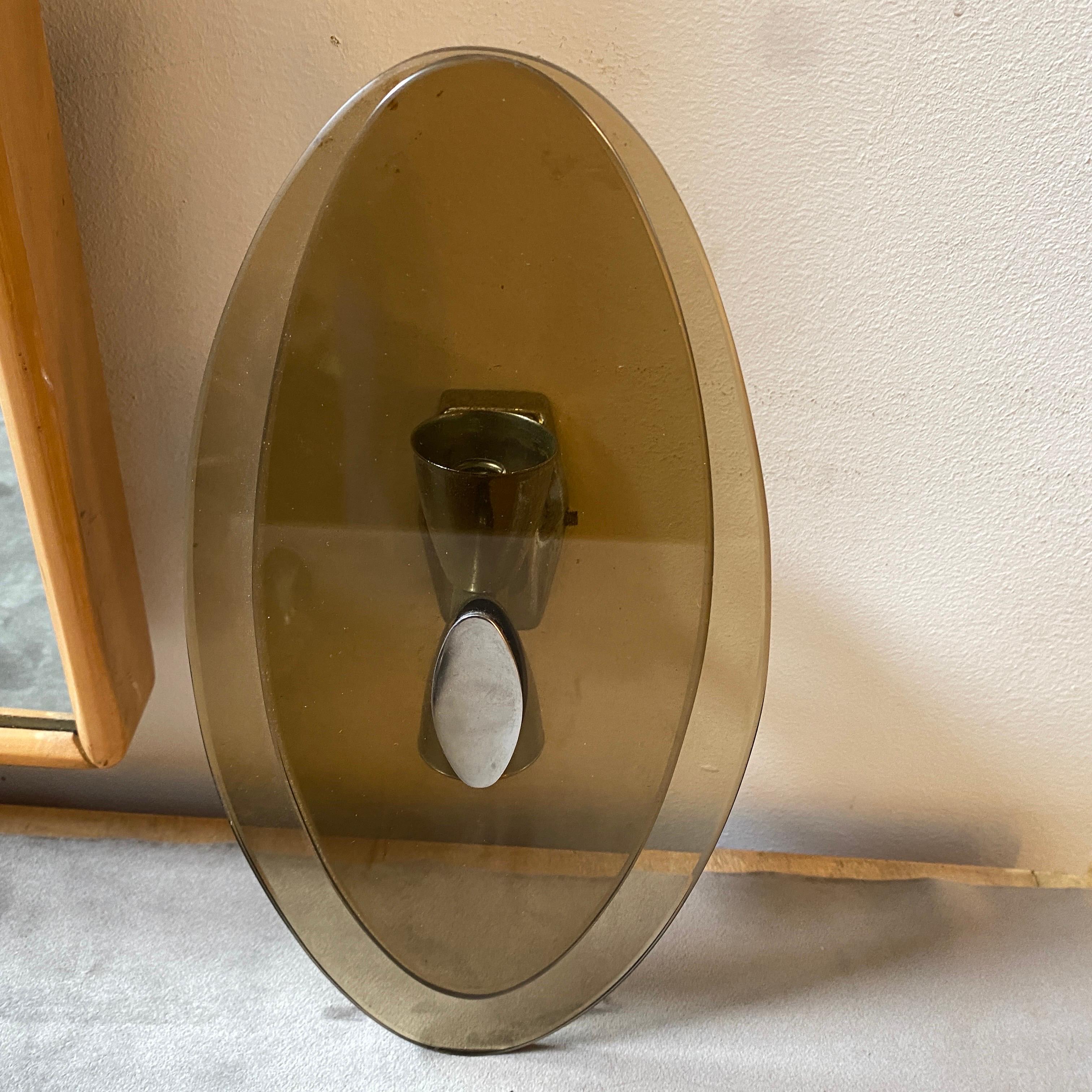 Two 1970s Space Age Metal and Smoked Glass Italian Oval Wall Sconces by Veca For Sale 4