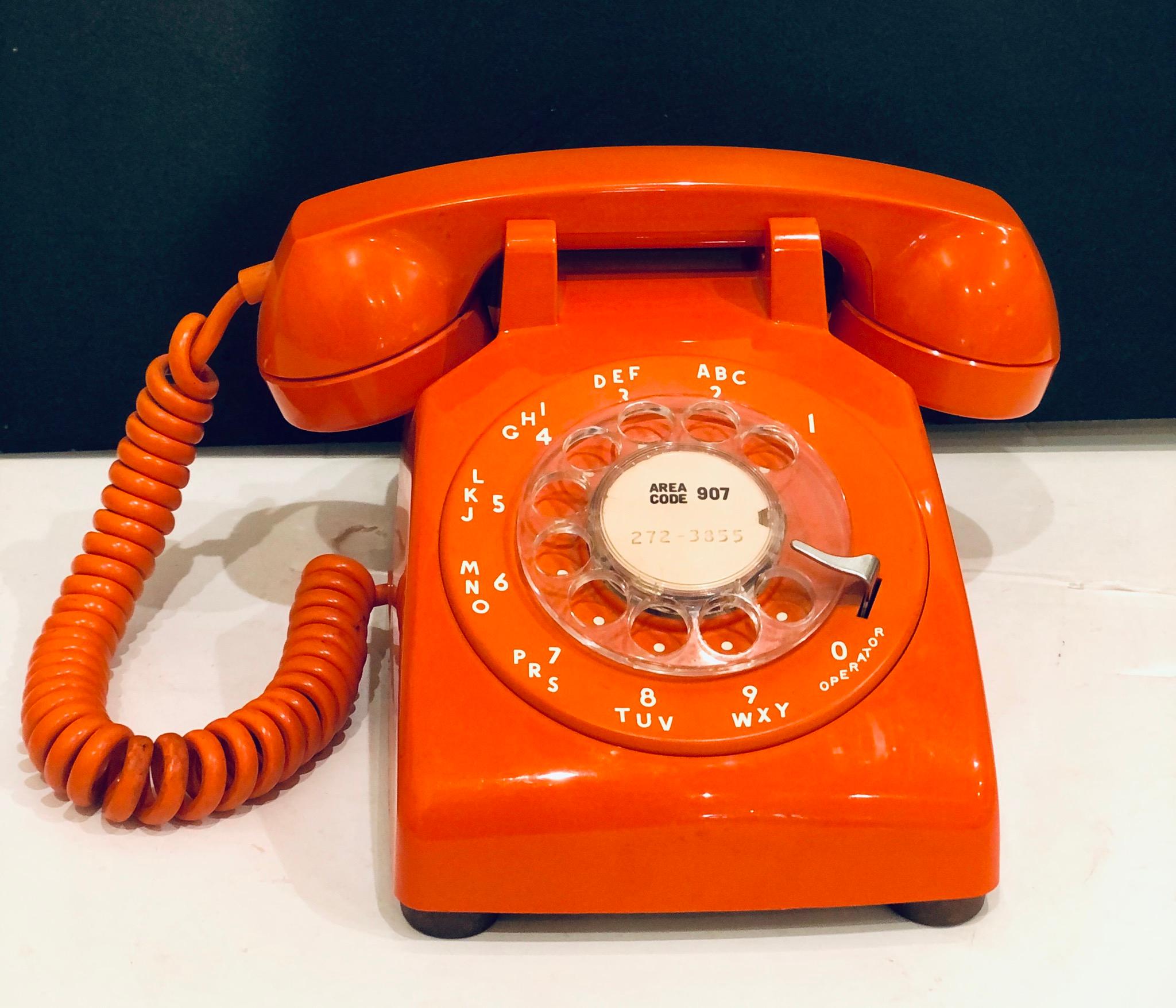 1970's Space Age Orange Rotary Phone In Excellent Condition In San Diego, CA