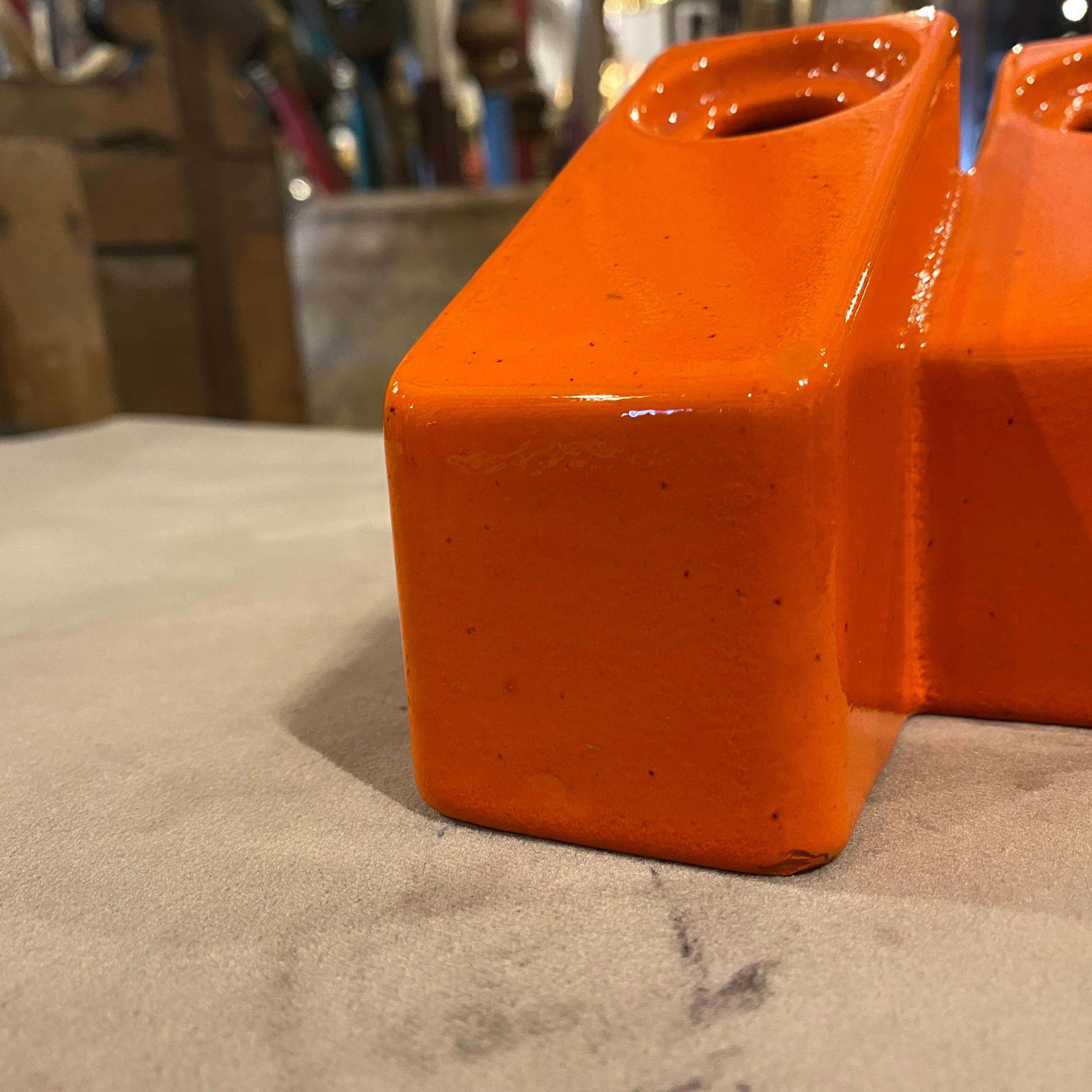 Mid-Century Modern 1970s Space Age Orange Vetrochina Ceramic Triple Vase by Il Picchio For Sale