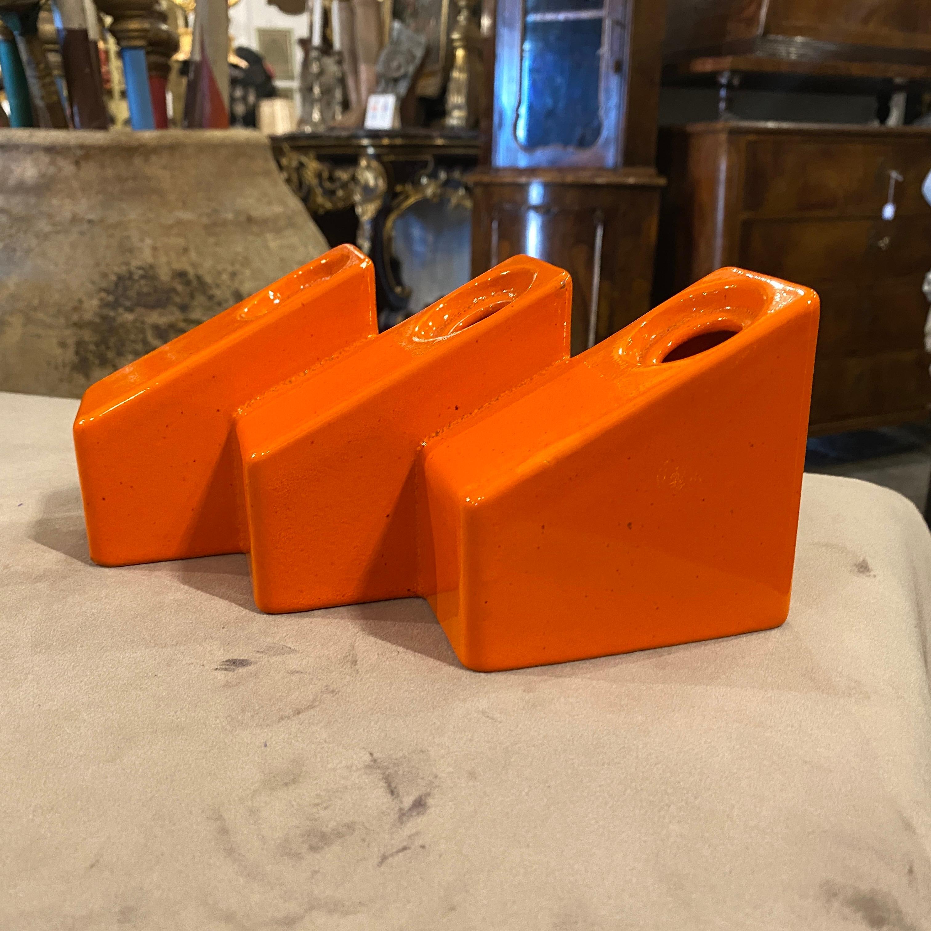 20th Century 1970s Space Age Orange Vetrochina Ceramic Triple Vase by Il Picchio For Sale