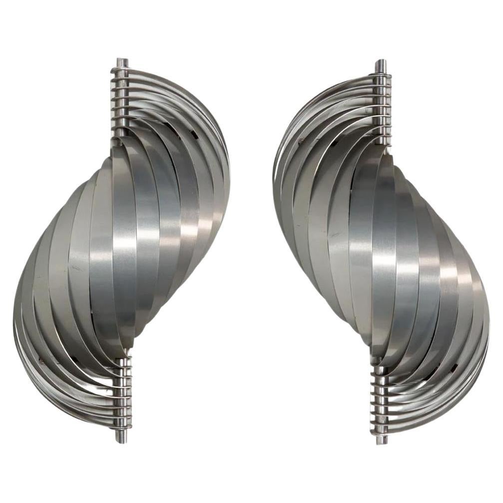 1970s Space Age Pair of Sconces French Design by Henri Mathieu Bend Aluminium For Sale
