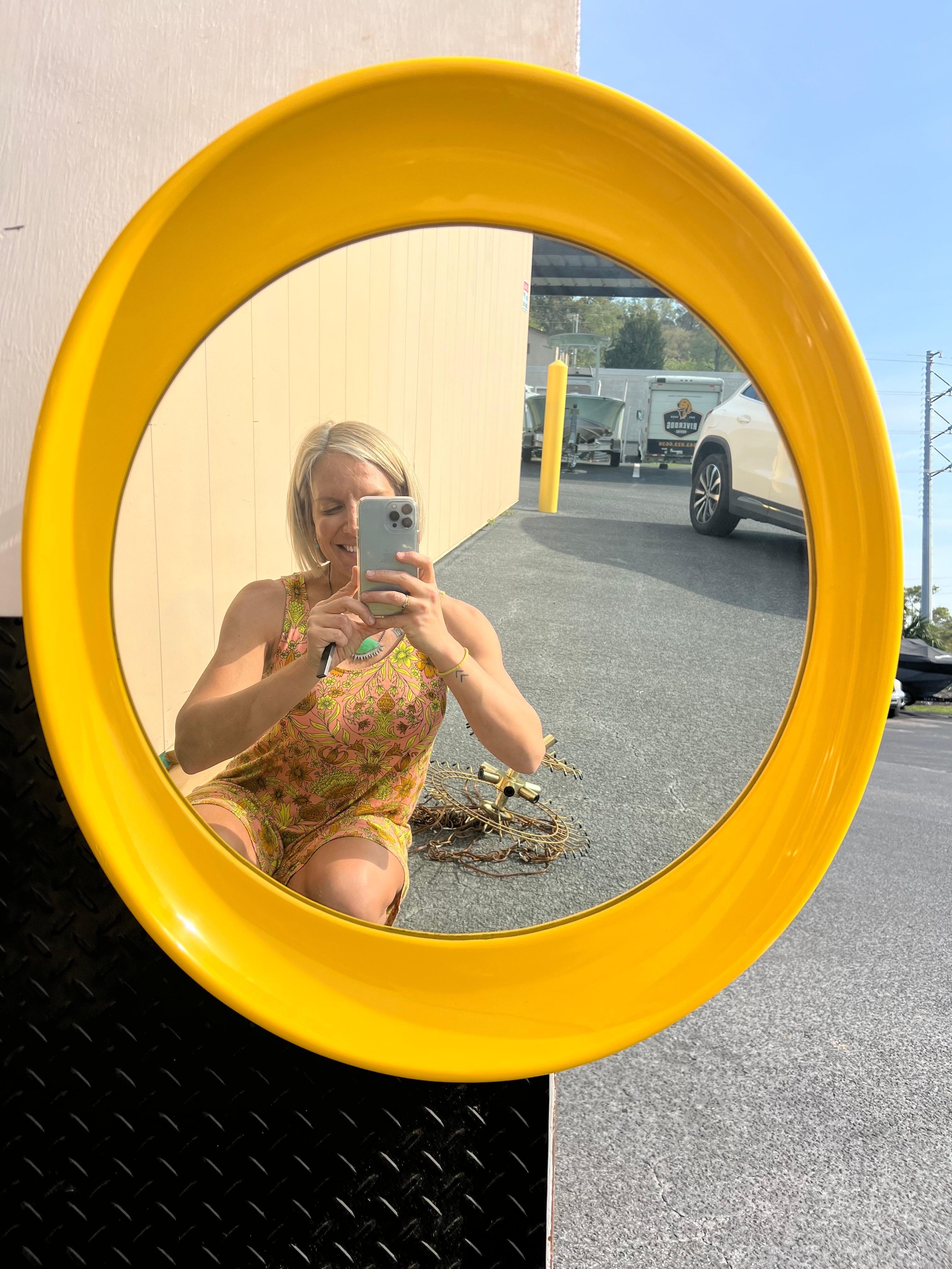 1970’s Space Age Pop Art Yellow Plastic Curved Mirror In Good Condition In Charleston, SC
