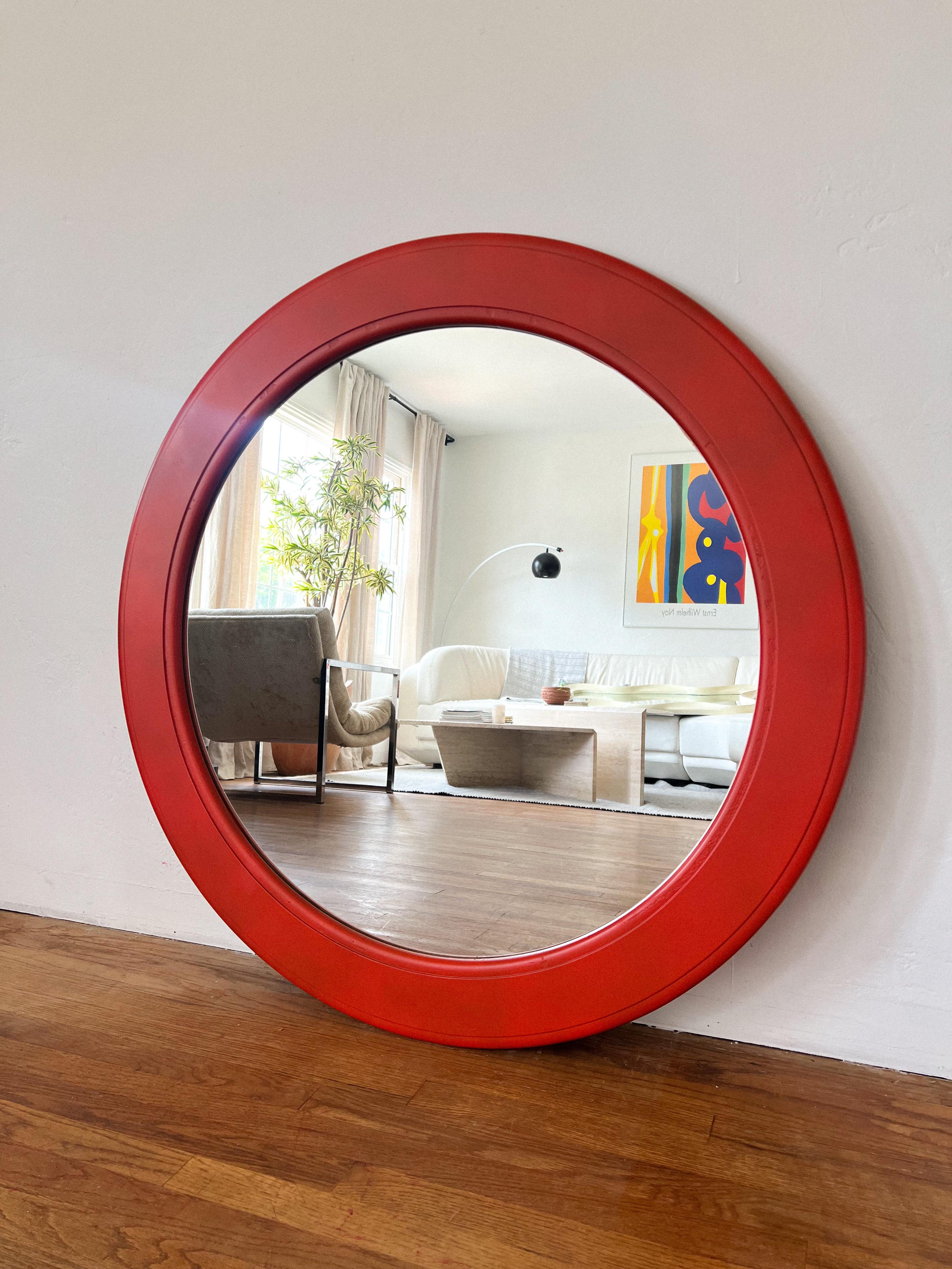 1970s Space Age Round Red Wall Mirror In Good Condition For Sale In La Mesa, CA