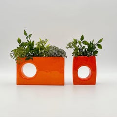 1970s Space Age Sculptural Ceramic Pair Orange Handcrafted Decor