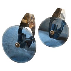 Set aus zwei verchromten Metall- und blauen Glas-Wandleuchtern von Lupi, Space Age, 1970er Jahre