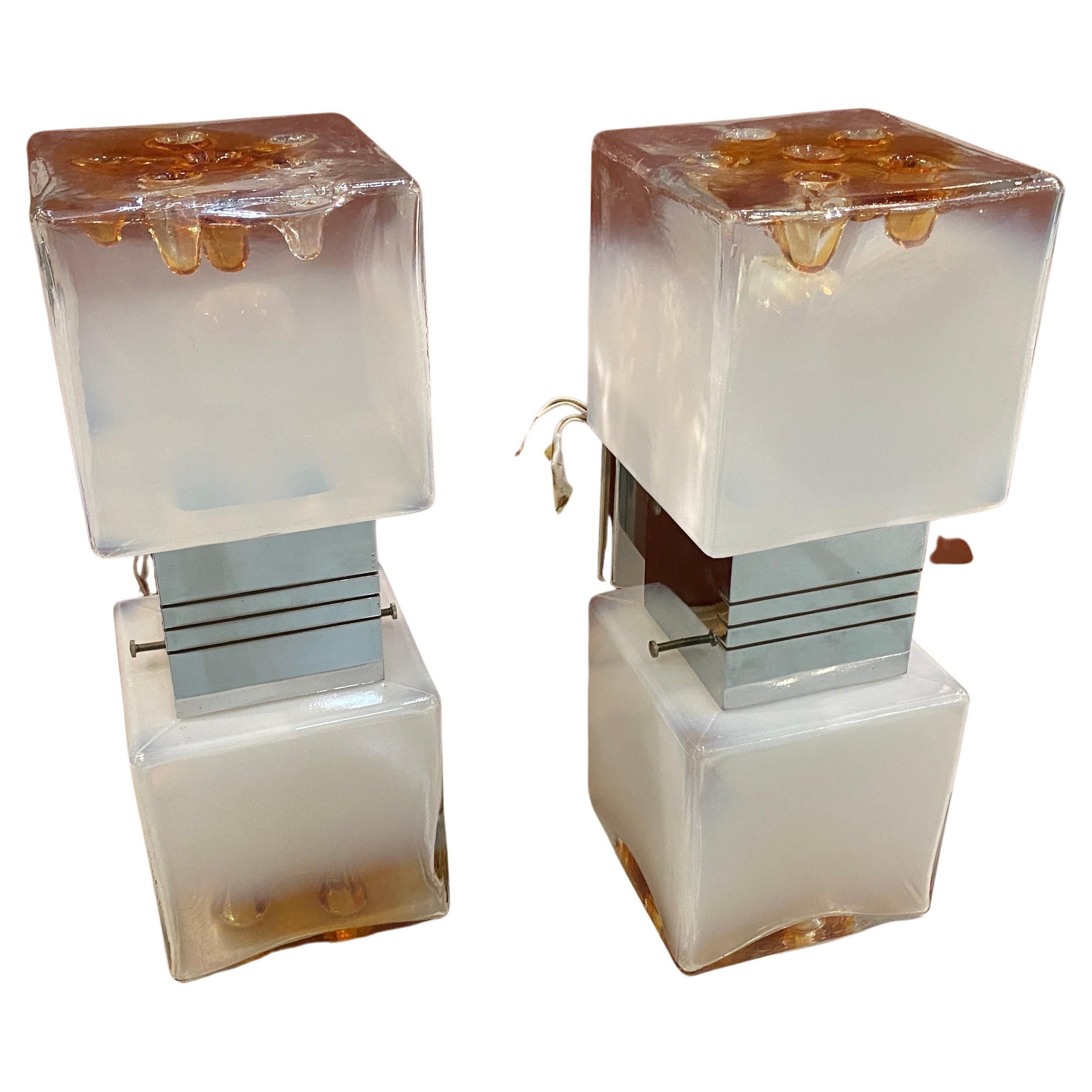 An amazing set of two double cubic wall sconces designed by Gaetano Sciolari and manufactured in Italy in the Seventies. White and Brown murano glasses are in perfect conditions. the chromed metal parts have not any rust. They work both 110-240
