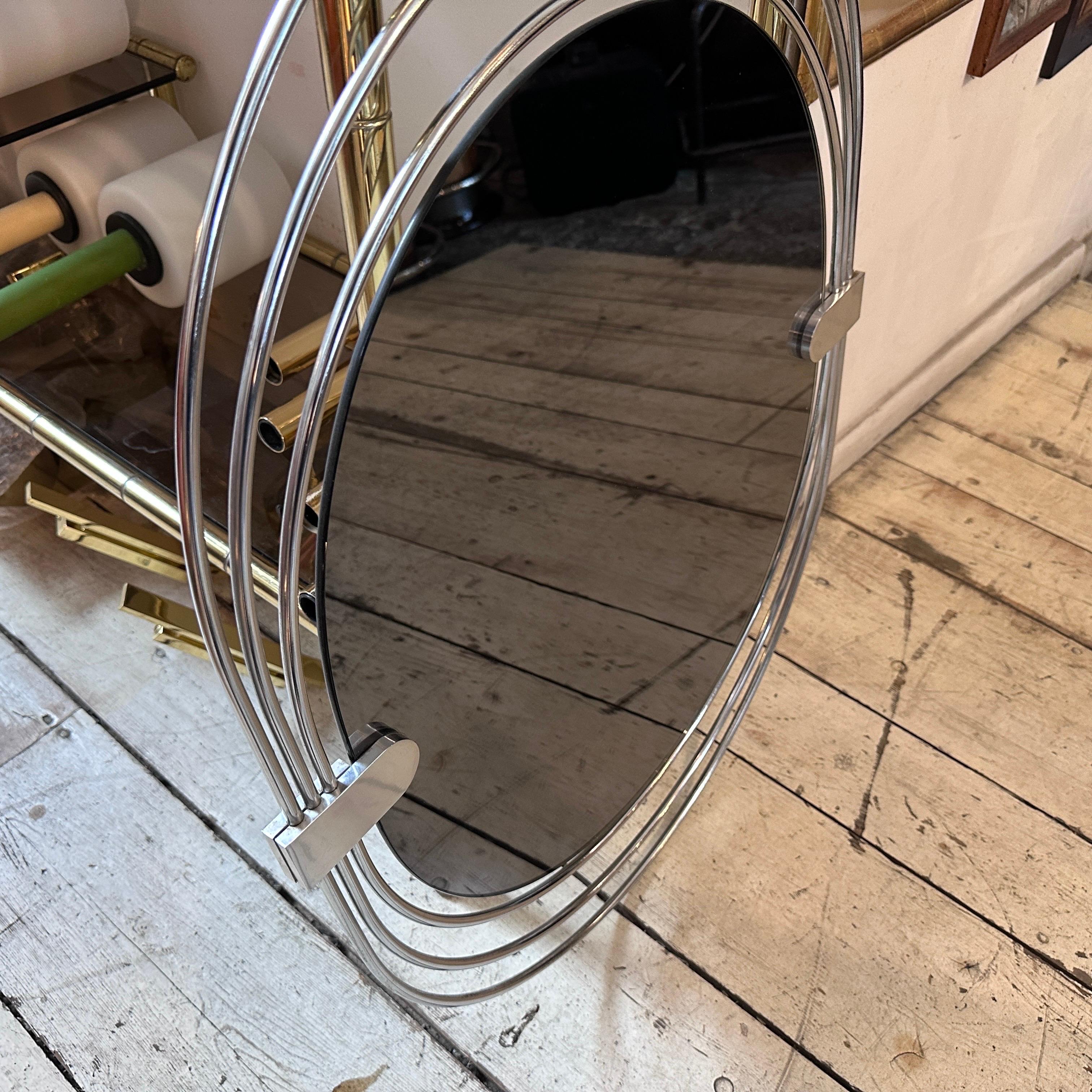 1970s Space Age Steel and Smoked Glass Oval Italian Wall Mirror For Sale 6