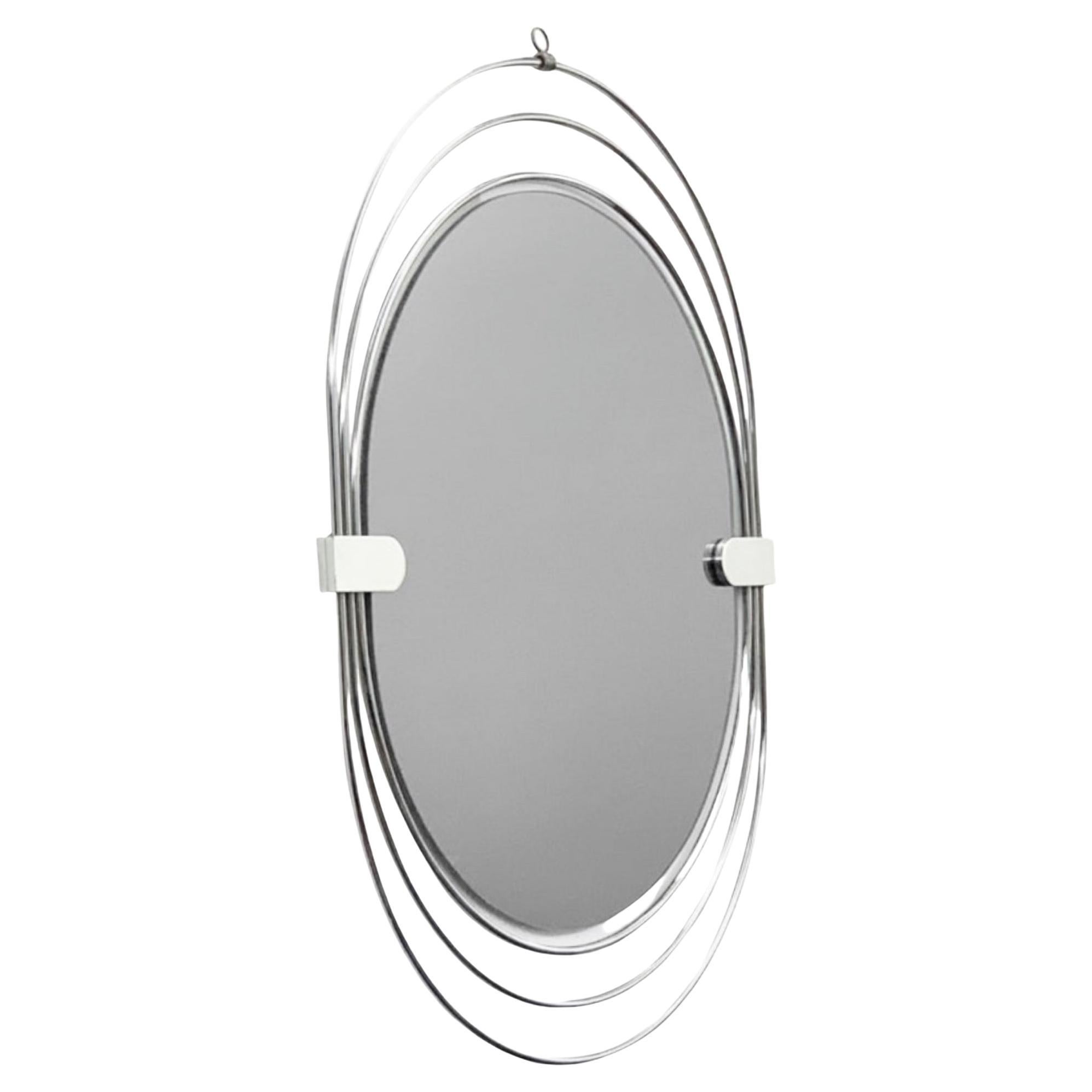1970s Space Age Steel and Smoked Glass Oval Italian Wall Mirror For Sale
