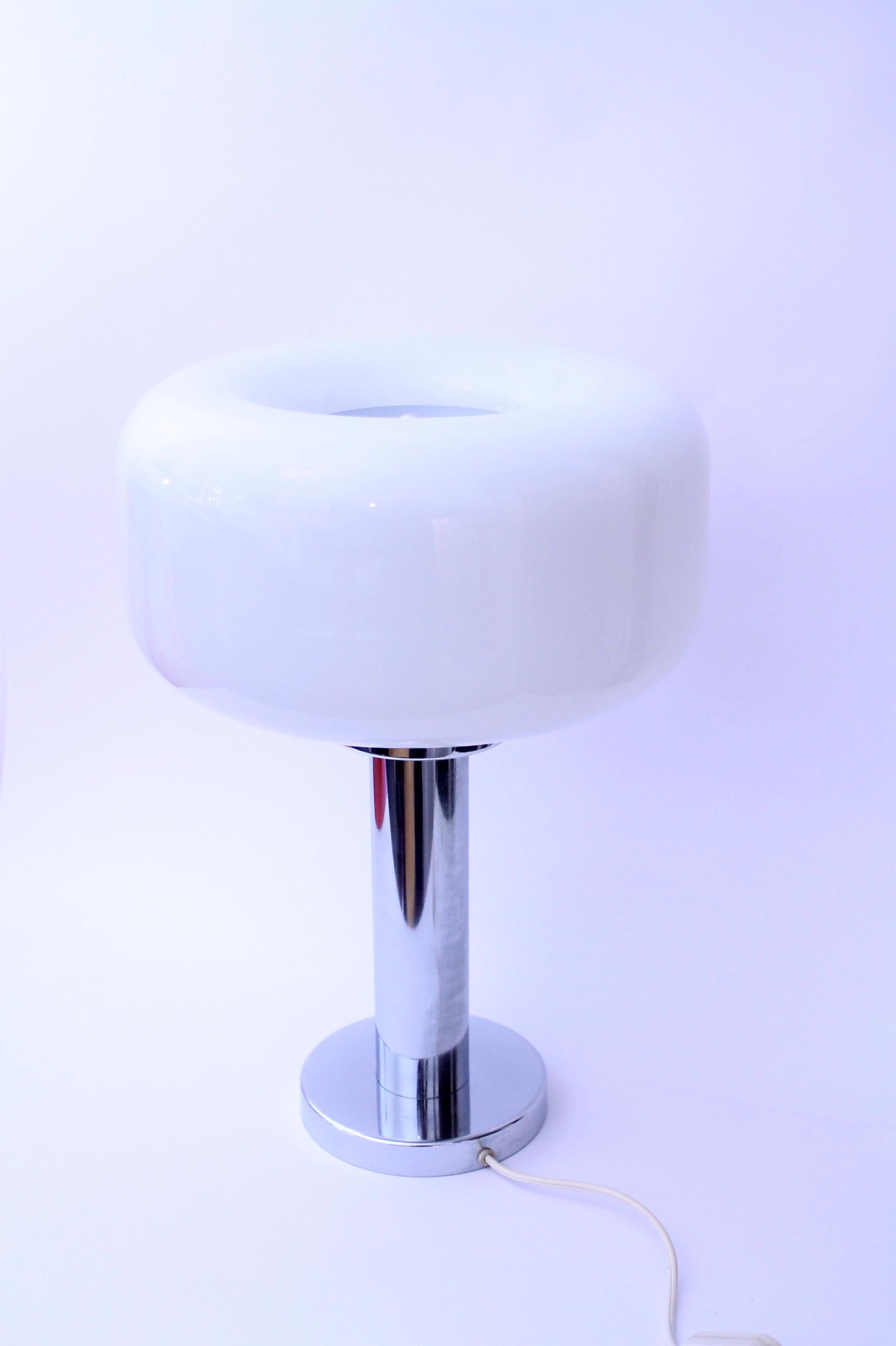 1970s Space age table lamp  Opaline lampshade + Chromed base (40x28x28cm). Cool For Sale 4