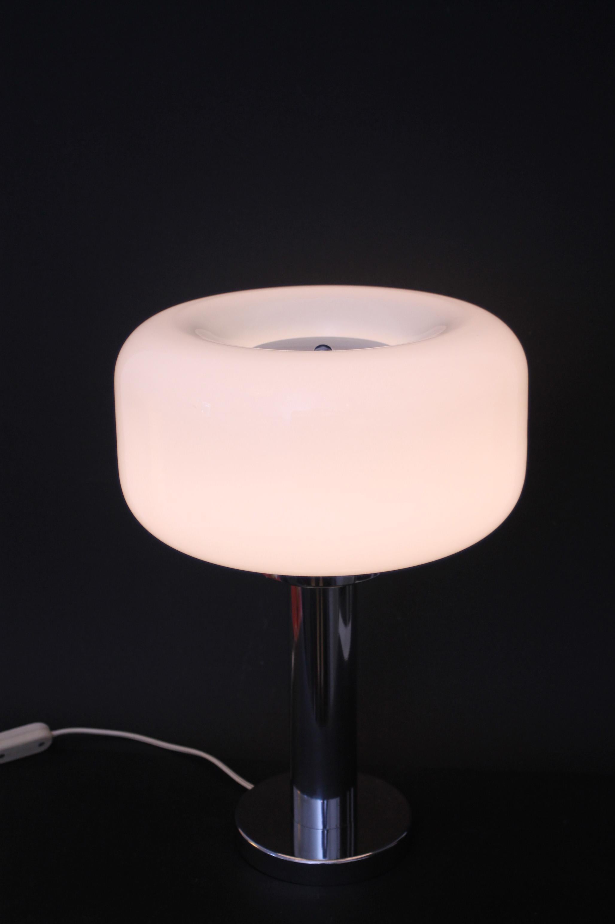 Metal 1970s Space age table lamp  Opaline lampshade + Chromed base (40x28x28cm). Cool For Sale