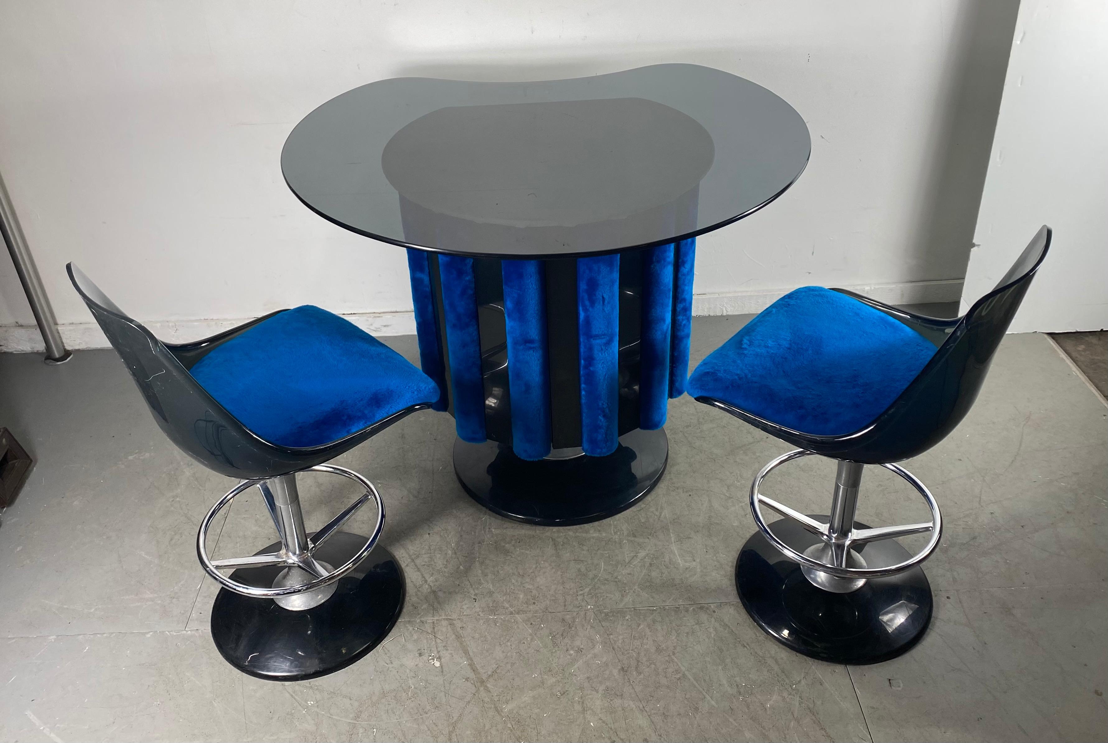 Fabric 1970s Space Age Three-Piece Pedestal Dry Bar with Two Stools by Chrome Craft