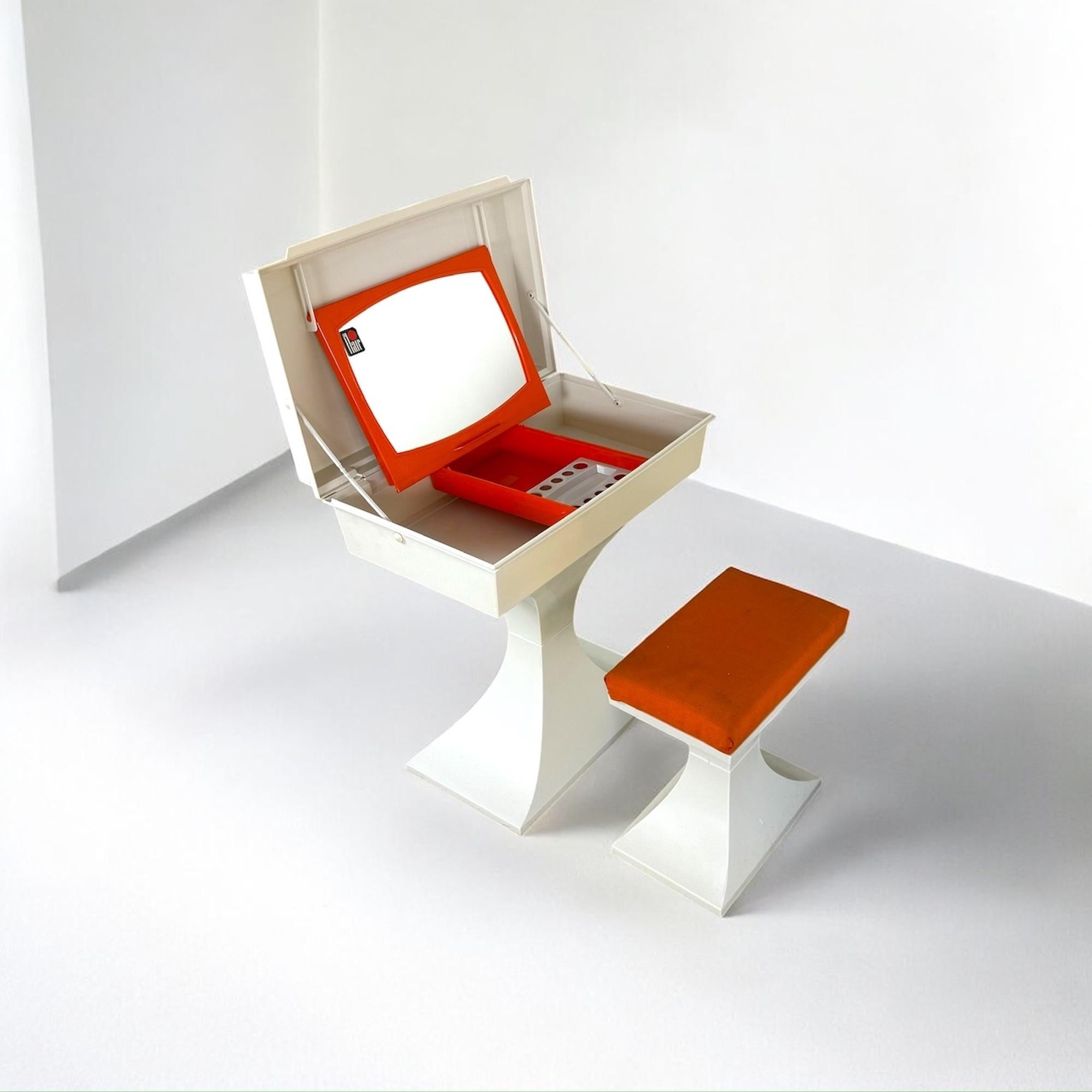 Late 20th Century 1970s Space Age Vanity Set with Stool, Flair Holland – Plastic, White & Orange For Sale