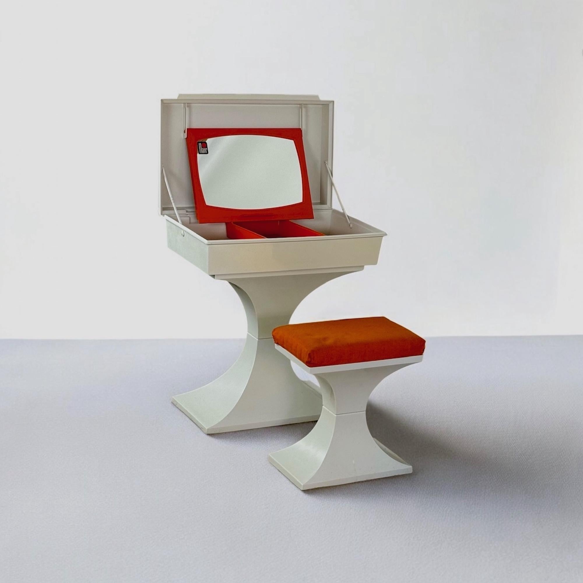 Glass 1970s Space Age Vanity Set with Stool, Flair Holland – Plastic, White & Orange For Sale