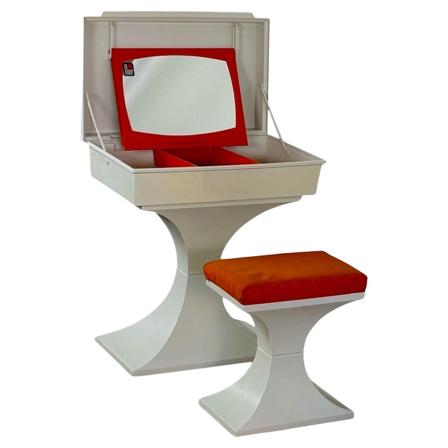 1970s Space Age Vanity Set with Stool, Flair Holland – Plastic, White & Orange For Sale