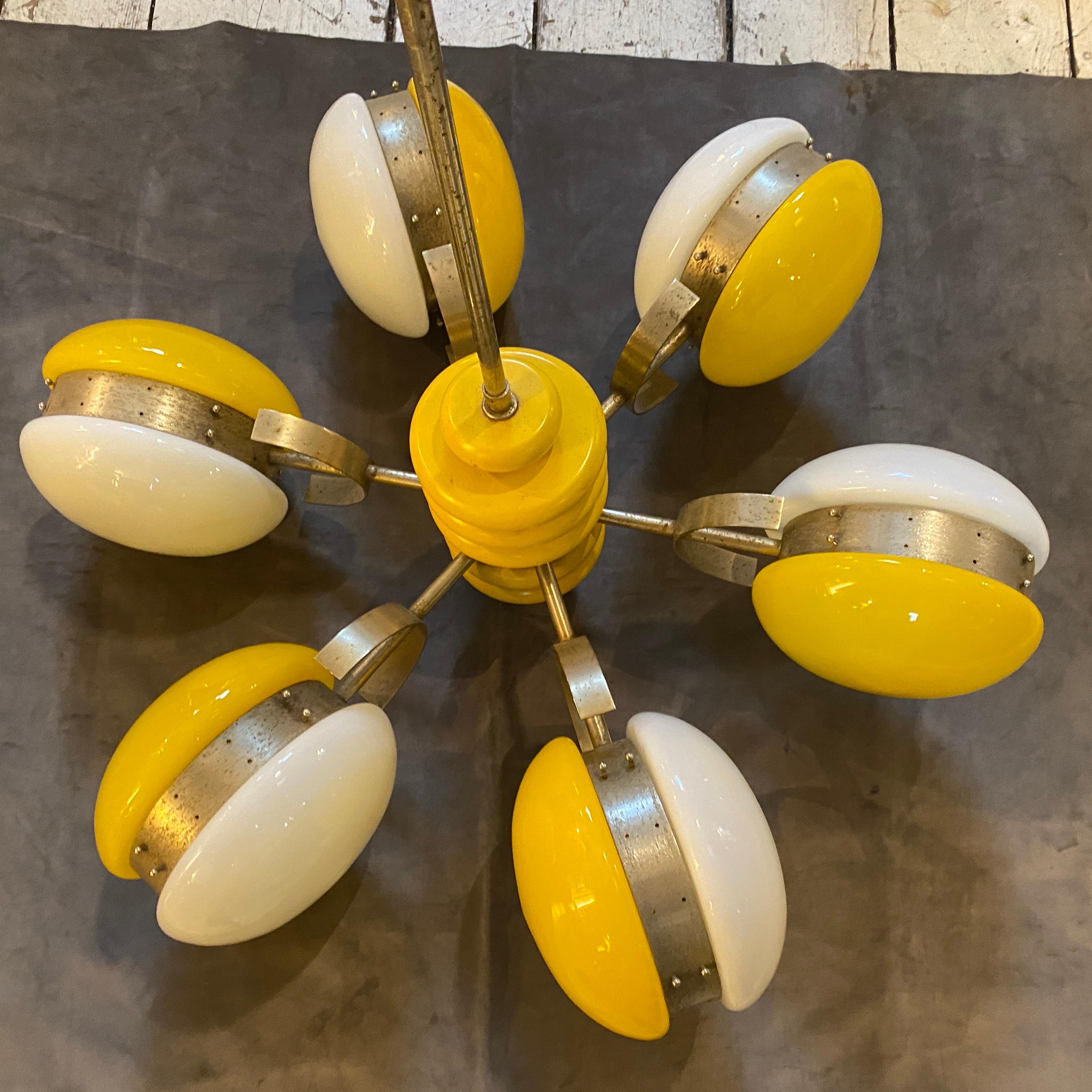 1970s Space Age White and Yellow Six Lights Italian Chandelier 5