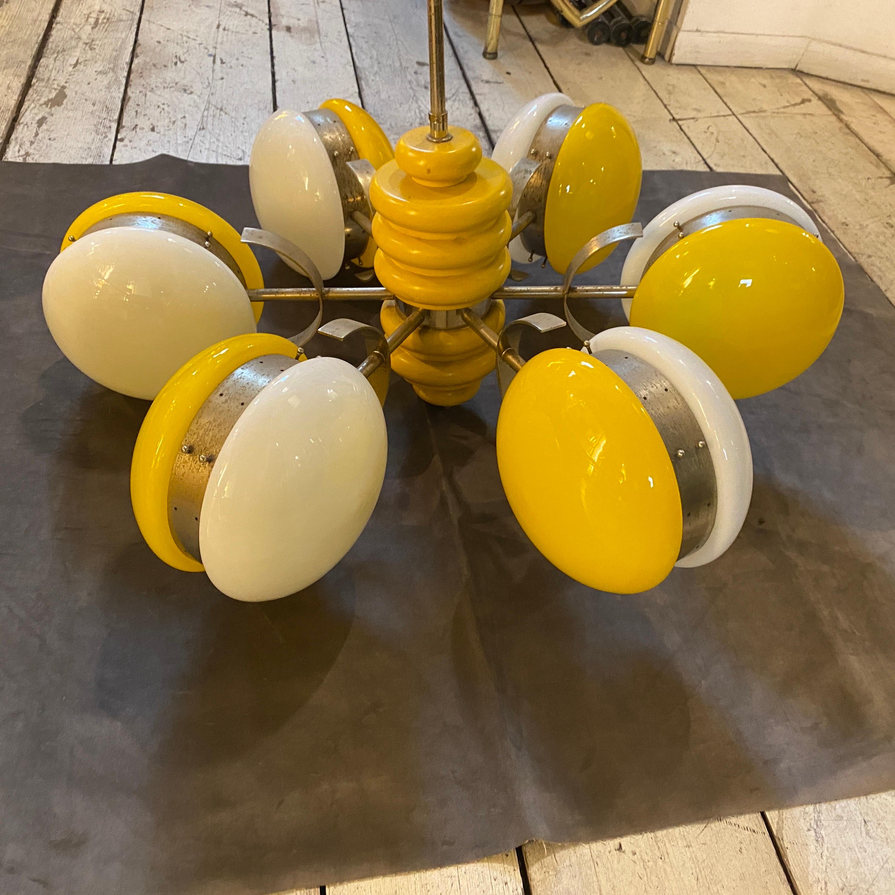 1970s Space Age White and Yellow Six Lights Italian Chandelier 9