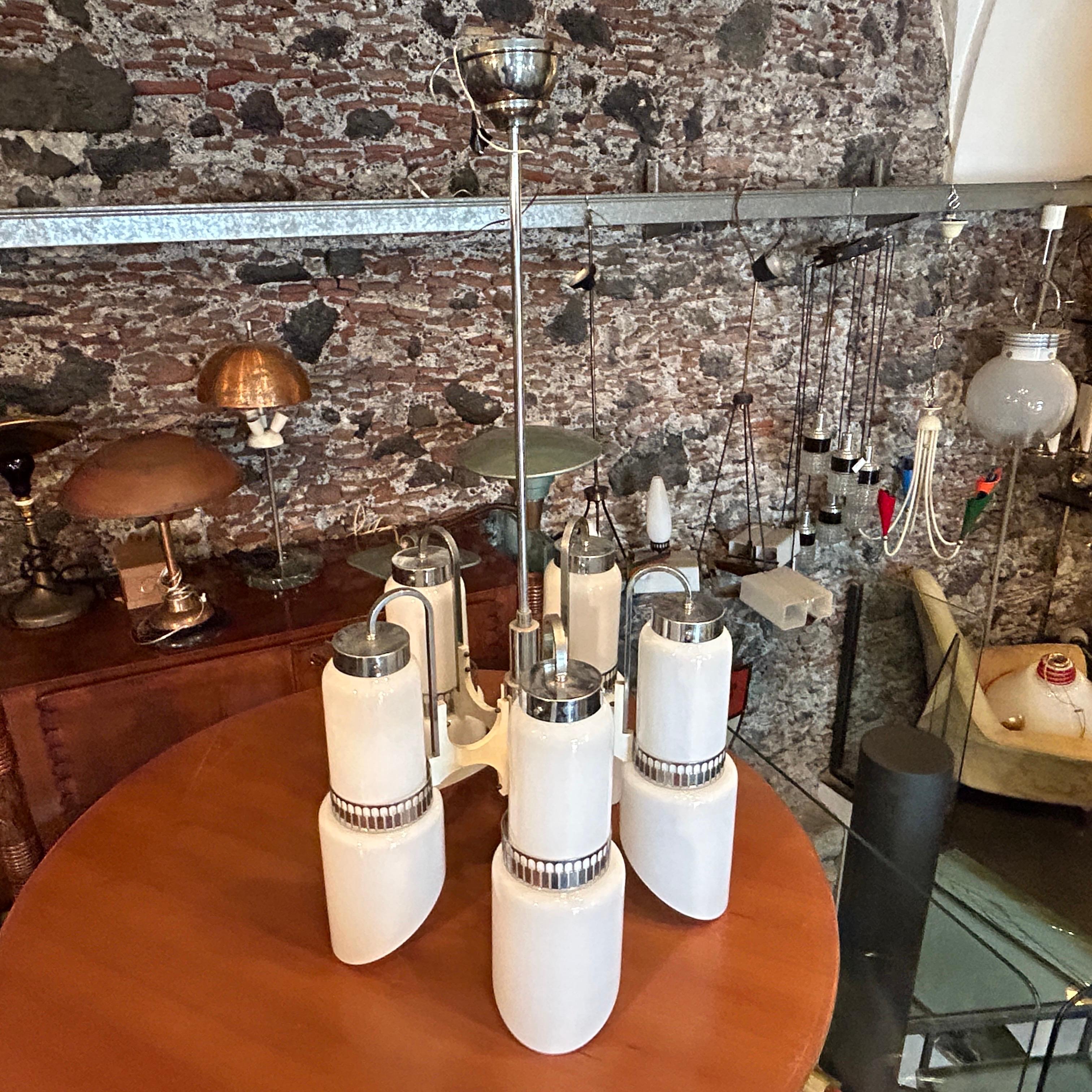 1970s Space Age White Glass Wood and Metal Chandelier by Gaetano Sciolari For Sale 5