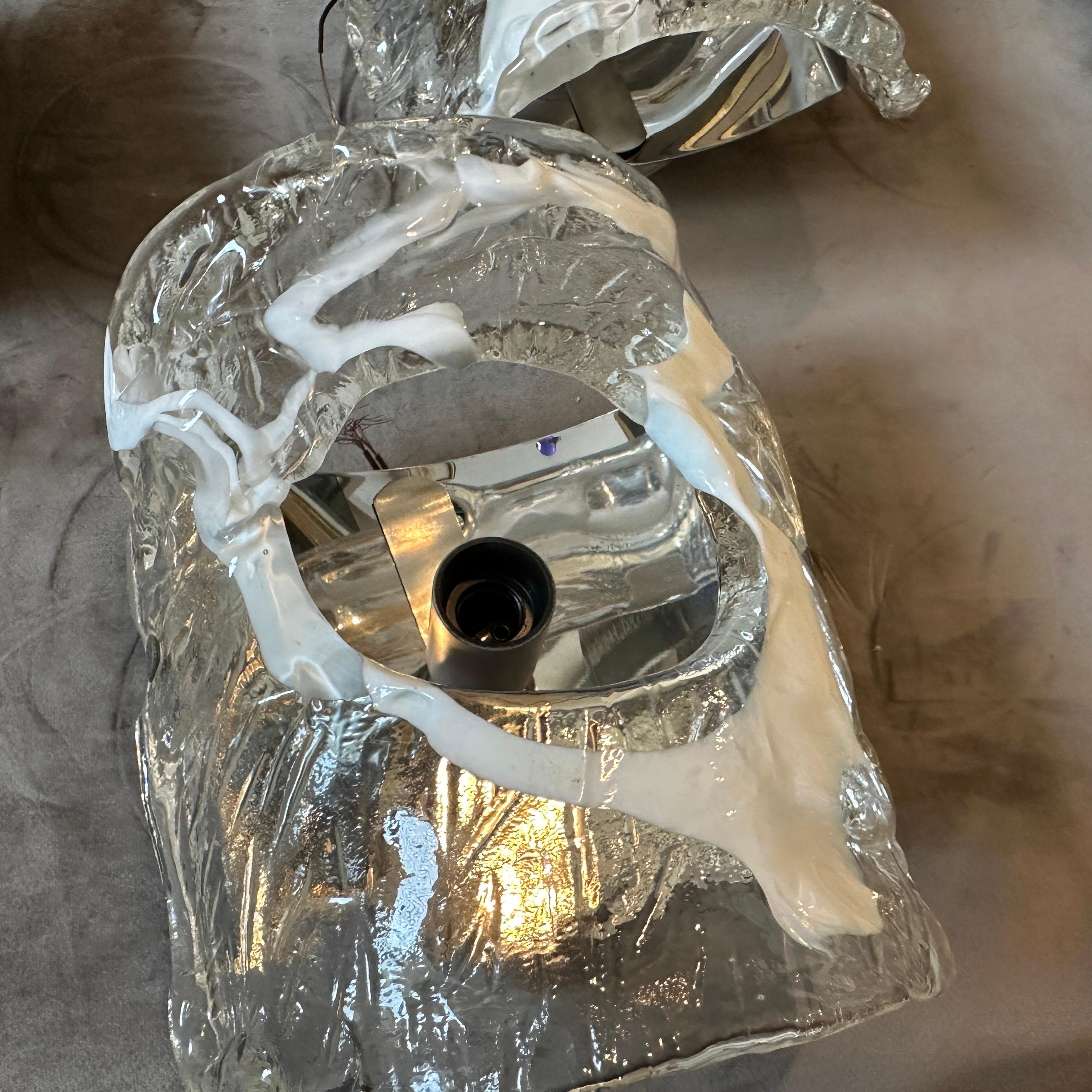 1970s Spage Age Clear and White Murano Glass and Steel Wall Sconces by Mazzega For Sale 6