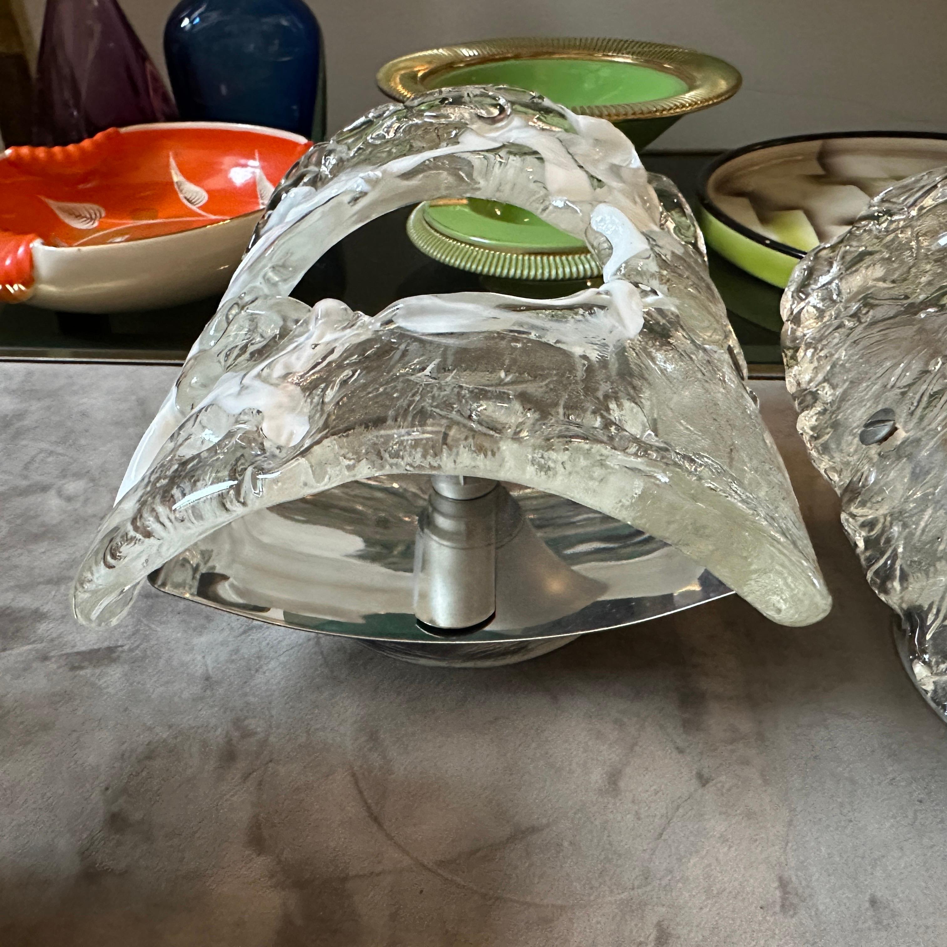 Cut Steel 1970s Spage Age Clear and White Murano Glass and Steel Wall Sconces by Mazzega For Sale