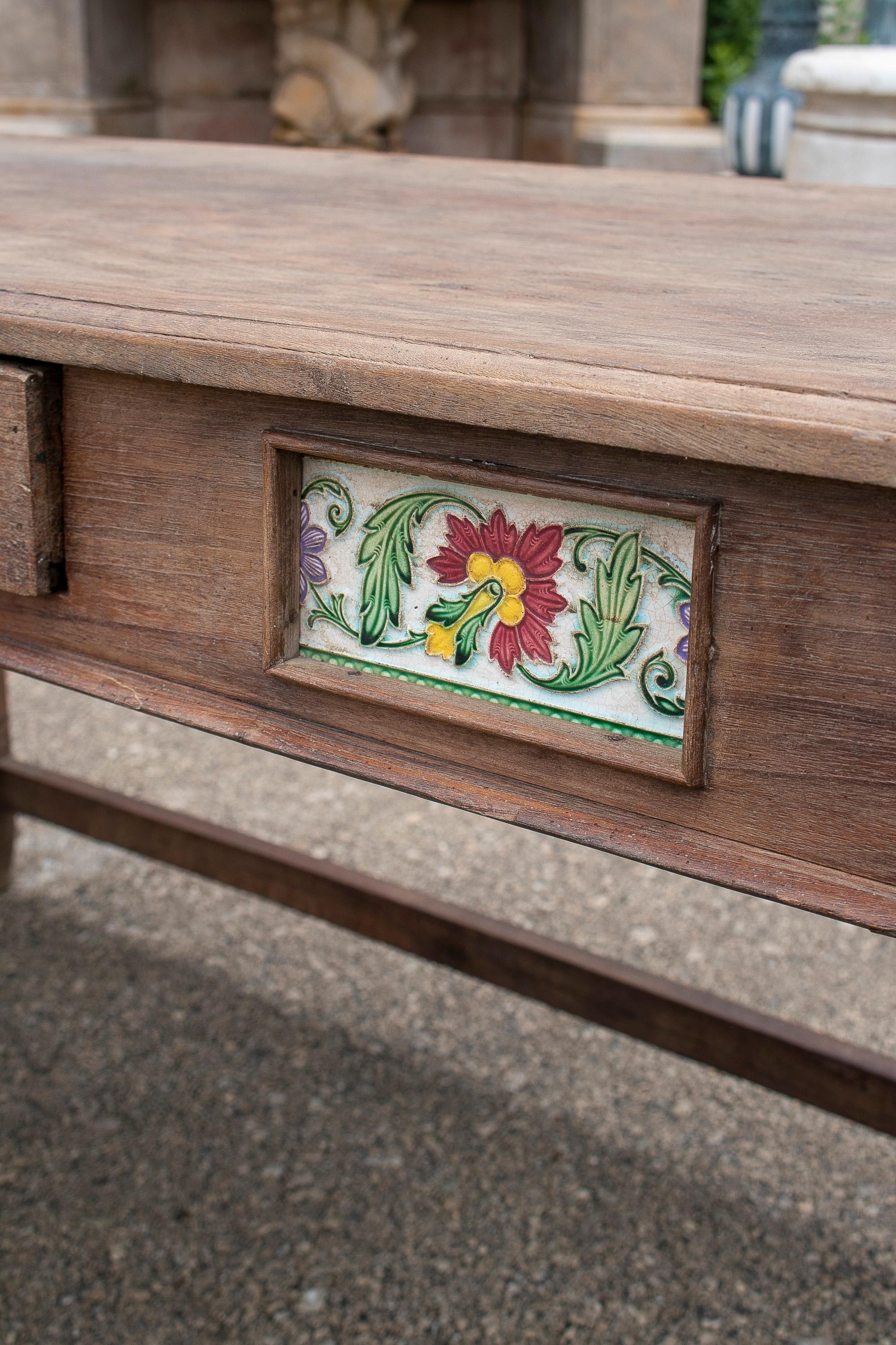 1970s Spanish 2-Drawer Natural Wood Farmhouse Table w/ Glazed Tiles 6