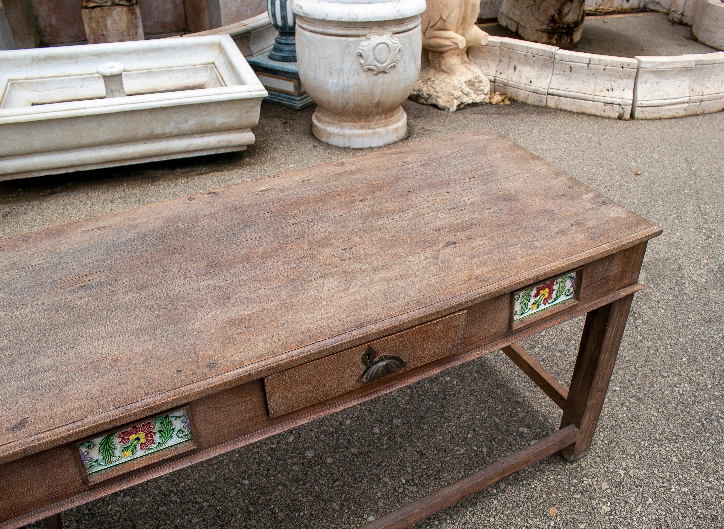 1970s Spanish 2-Drawer Natural Wood Farmhouse Table w/ Glazed Tiles 4