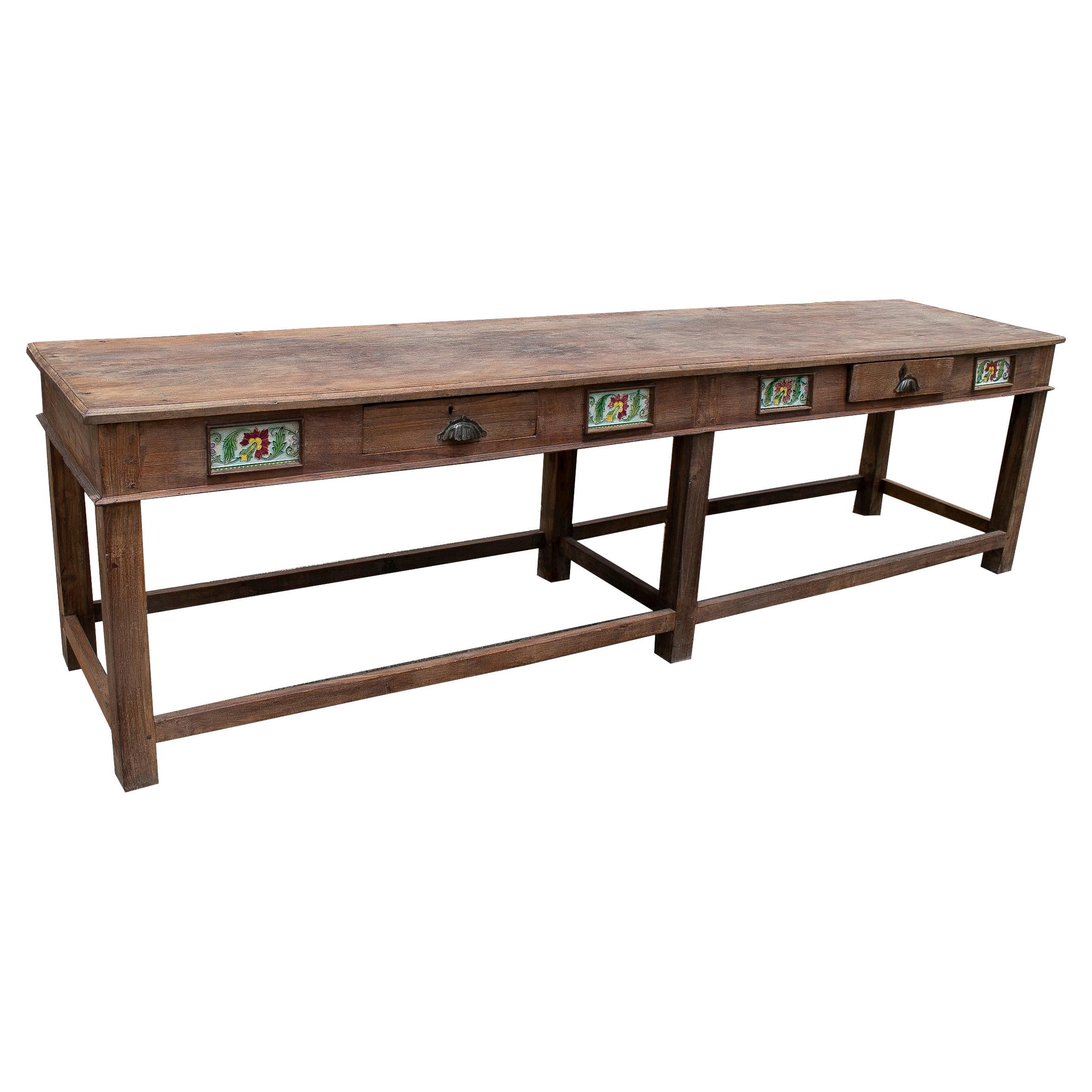 1970s Spanish 2-Drawer Natural Wood Farmhouse Table w/ Glazed Tiles