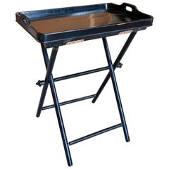 1970s Spanish 2-Part Black Lacquered Wooden Tray w/ Folding Stand