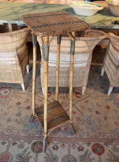 1970s Spanish 2-Tone Woven Cane & Bamboo Tall Plant Stand