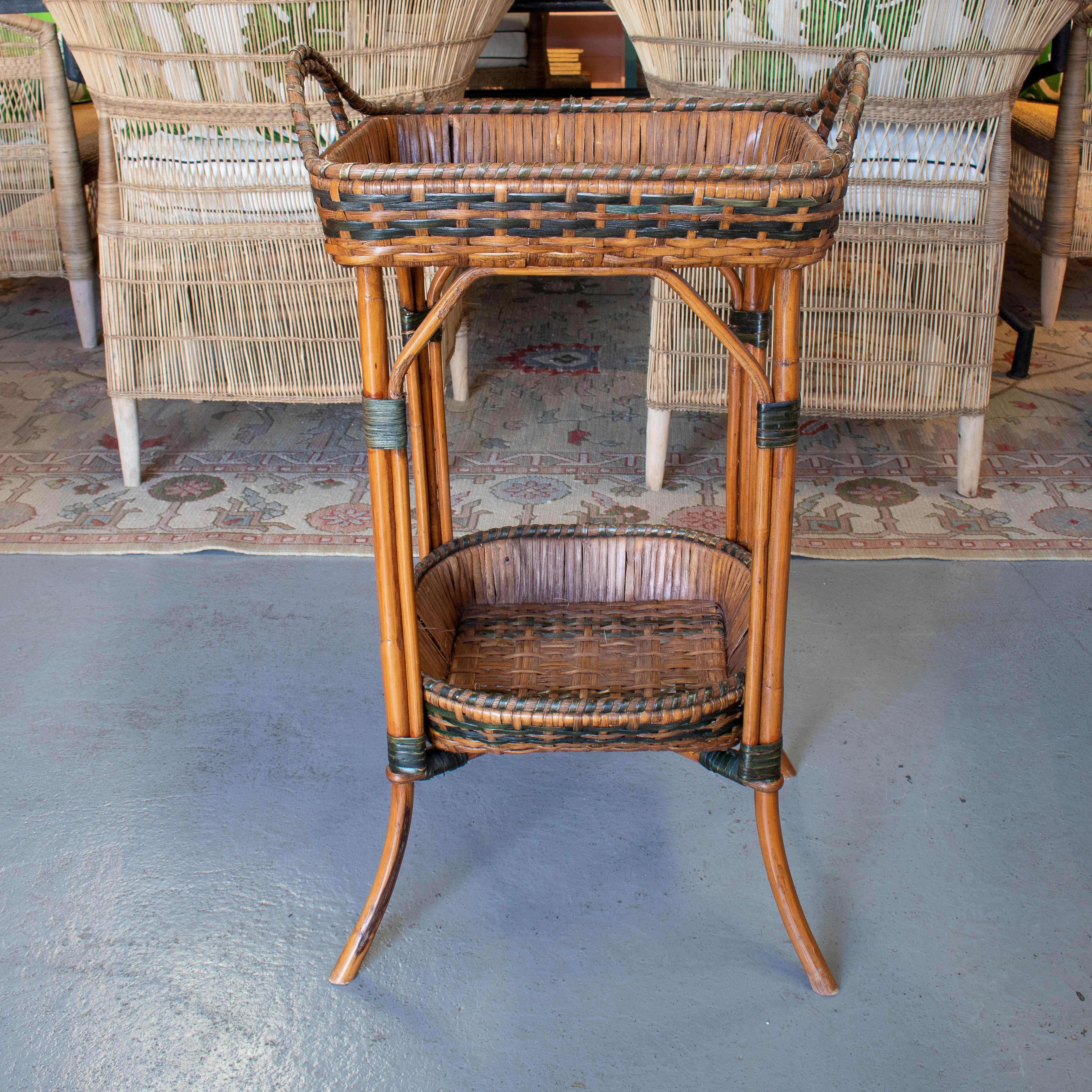 Vintage 1970s Spanish 2-tone woven wicker side table with tray.