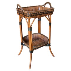 Vintage 1970s Spanish 2-Tone Woven Wicker Side Table w/ Tray