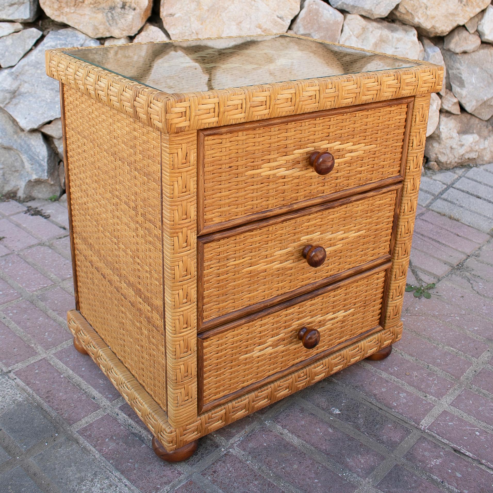1970s Spanish 3-drawer lace wicker side table.
 