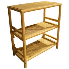 1970s Spanish 3-Shelf Bamboo & Woven Cane Yellow Rack