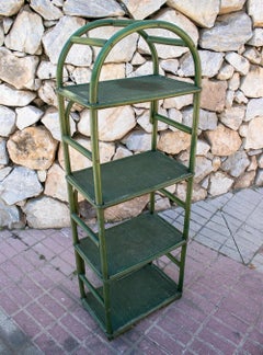 1970s Spanish 4-Rack Lace Wicker & Bamboo Green Shelf