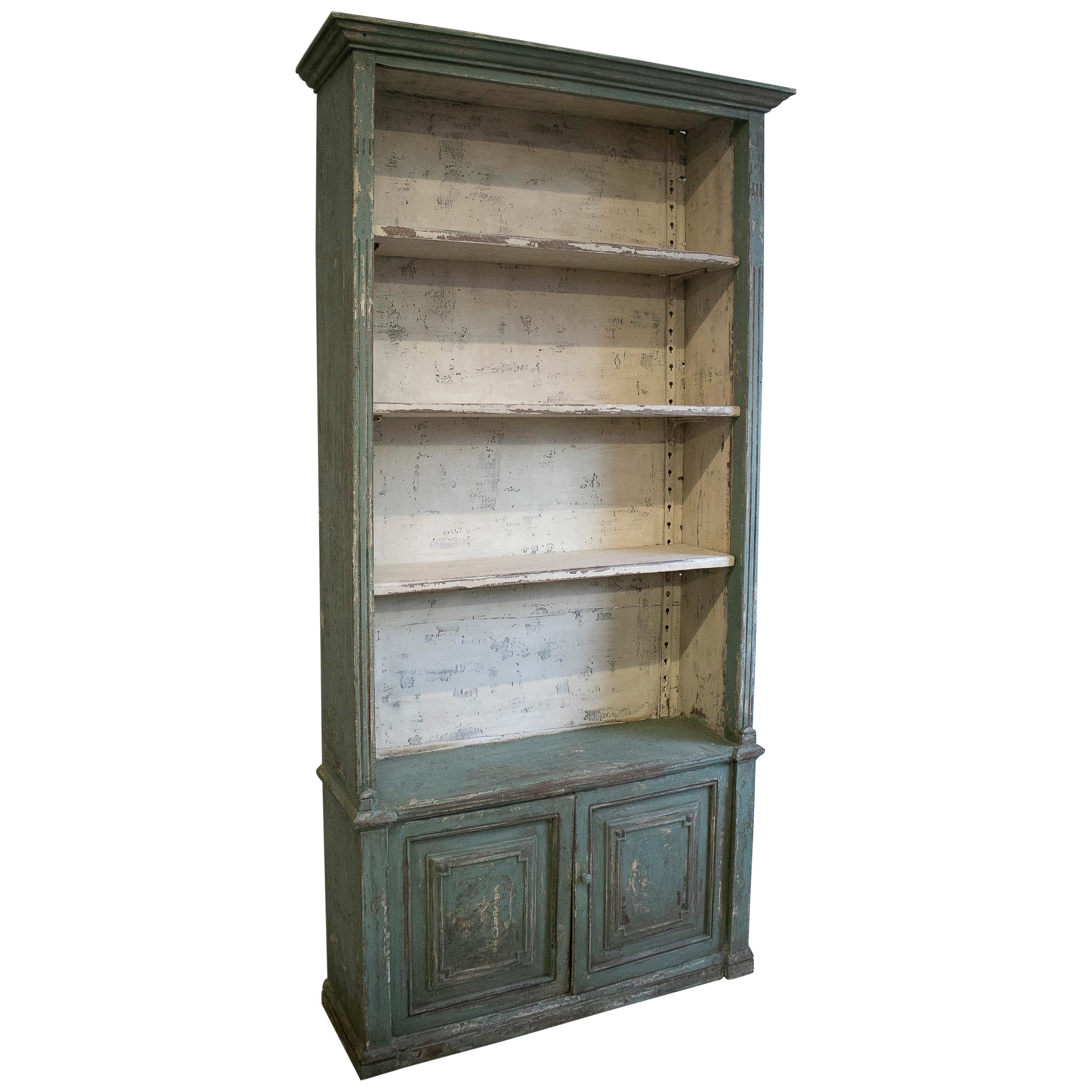 1970s Spanish 4-Shelf 
2-Door Painted Wooden Industrial Bookshelf