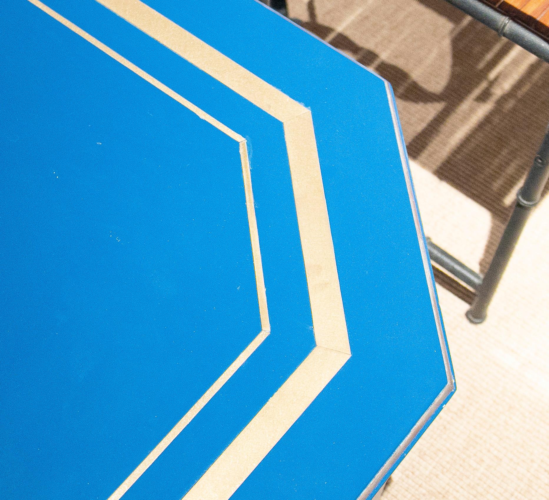 1970s Spanish Al-Andalus Inspired Wood and Brass Blue Coffee Table For Sale 6