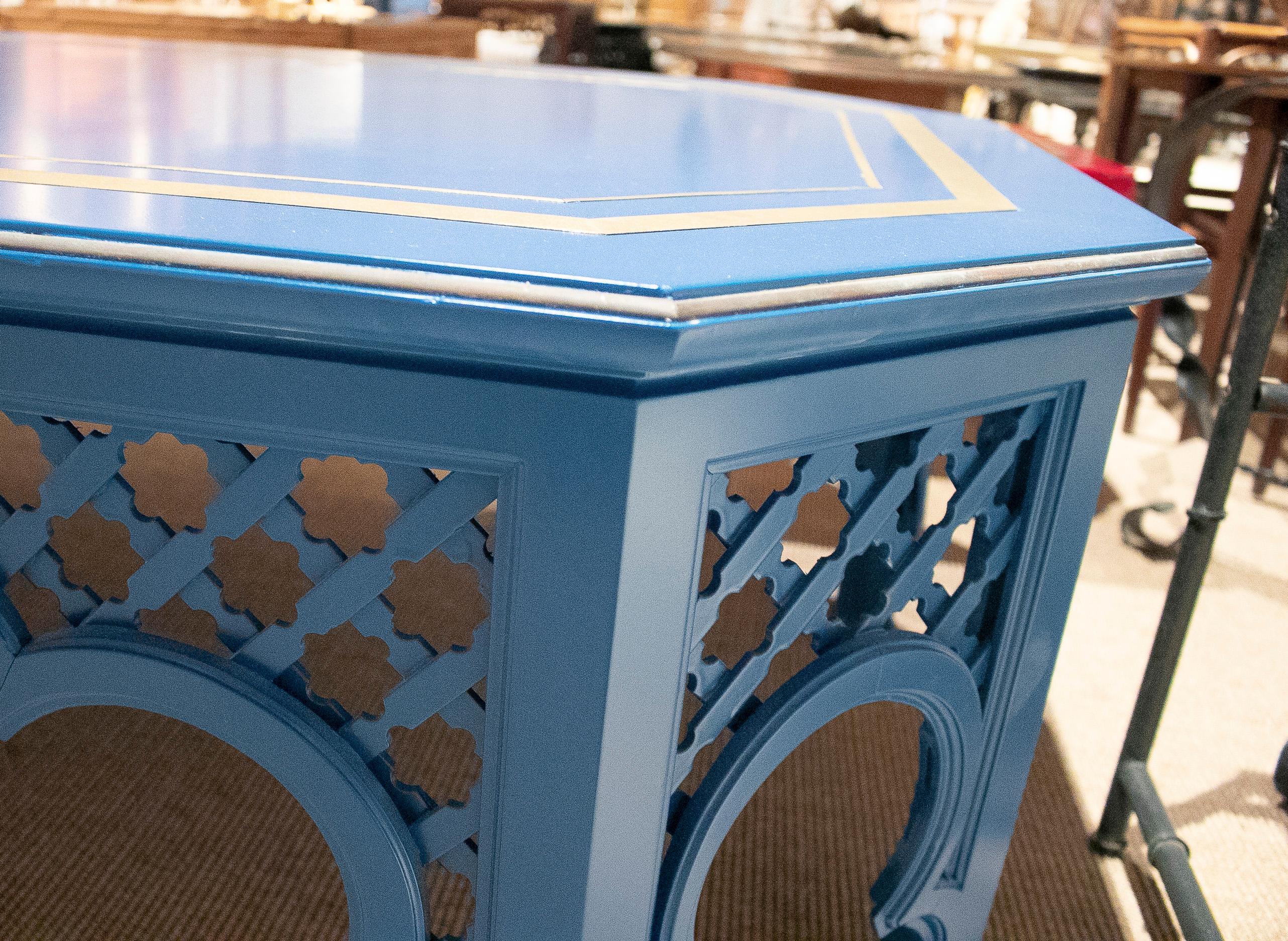 1970s Spanish Al-Andalus Inspired Wood and Brass Blue Coffee Table For Sale 7